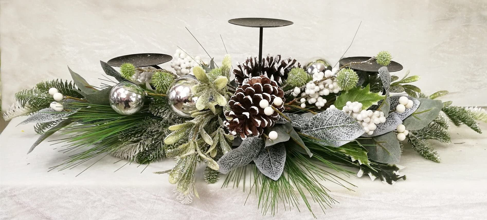 Frosted Greens Pinecones Berries Silver Balls Candle Holder - Elegant Winter Holiday Centerpiece for Christmas Table Decor, Mantel Display & Cozy Home Ambiance