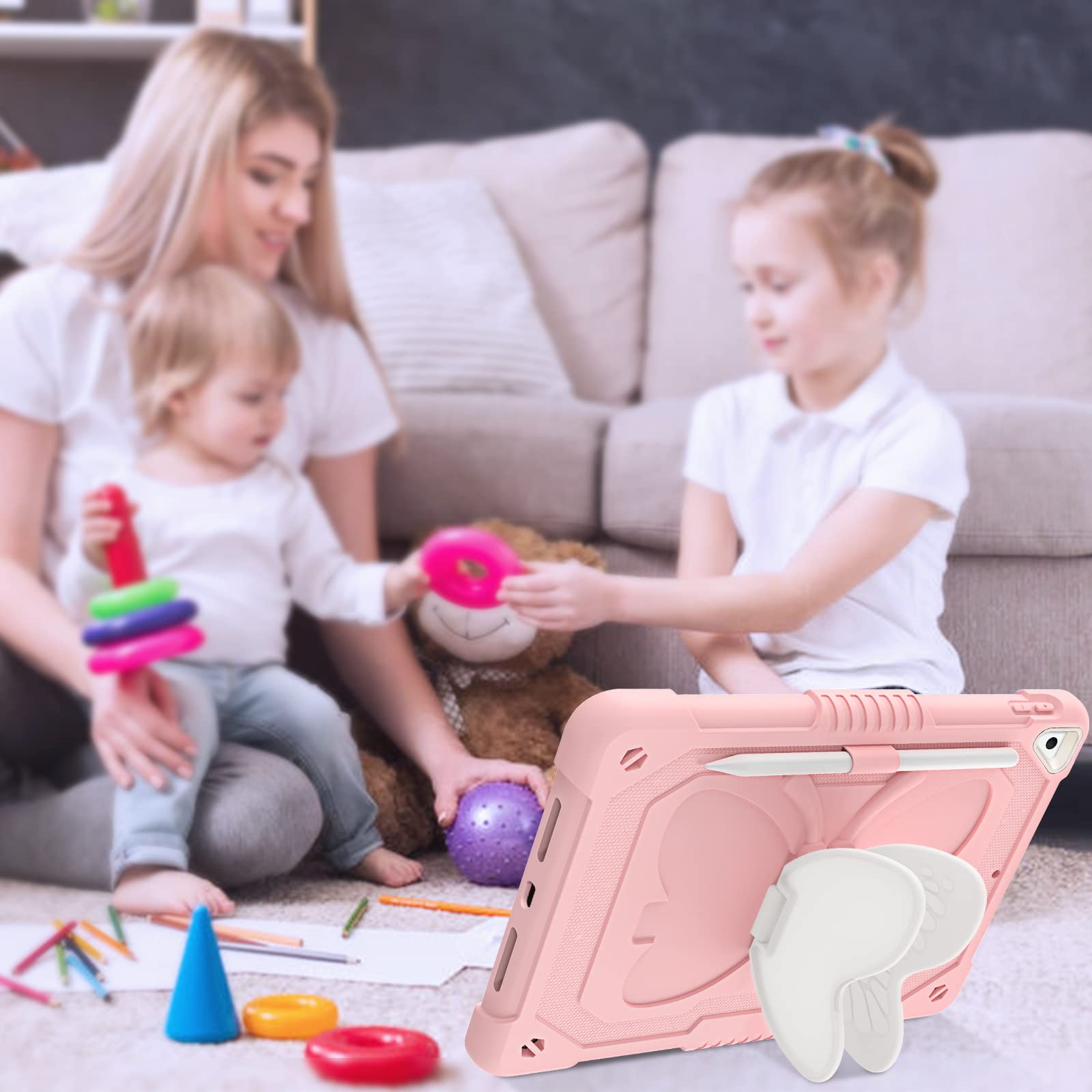 GUAGUA 2 in 1 Shockproof iPad Case with Kickstand - Rugged Protective Cover with Pen Holder for iPad 6/5/Air 2/9.7/Pro 9.7 - Anti-Scratch, Durable Design in Pink/Beige - Perfect for Travel, Work & School Use
