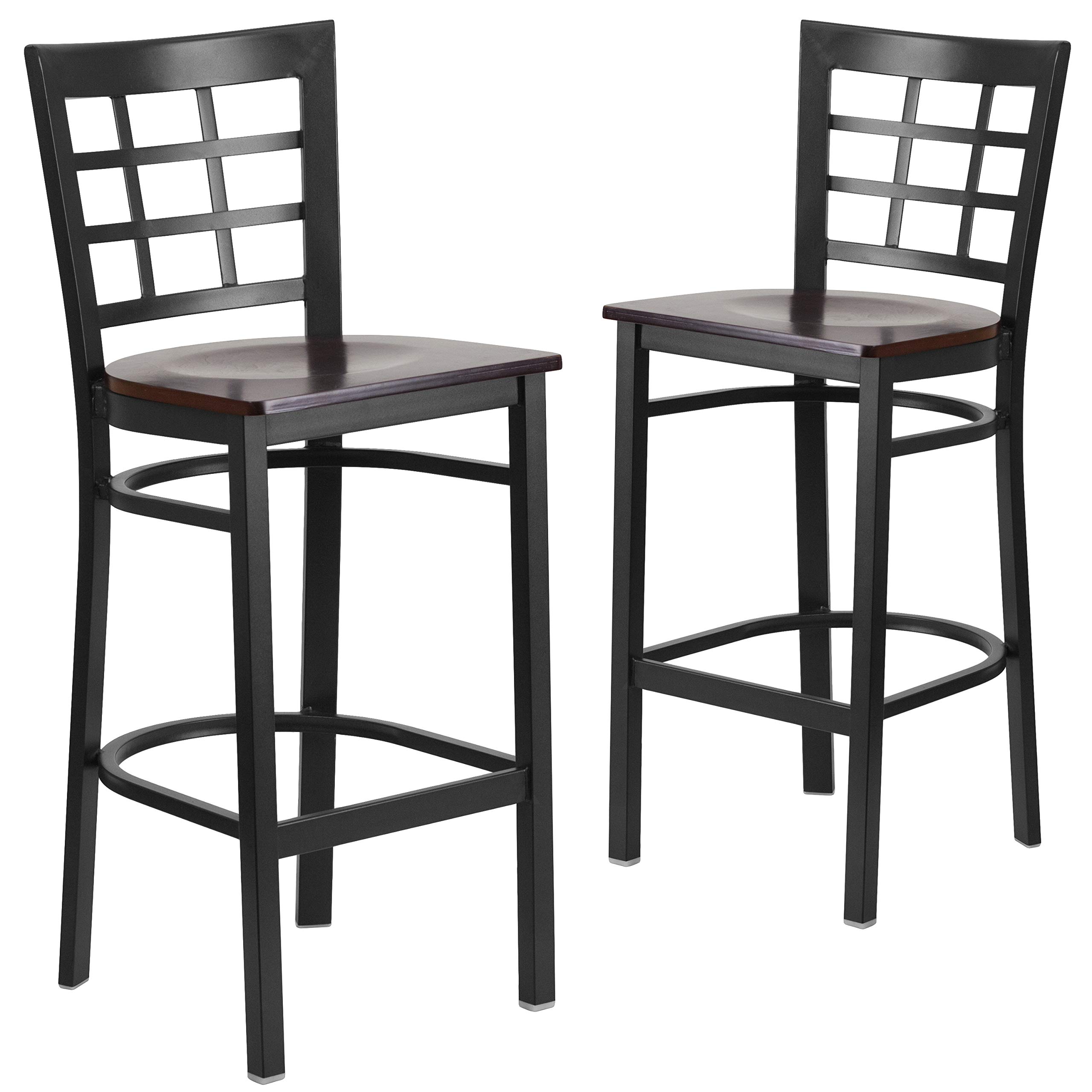 2 Pack Black Metal Bar Stools with Walnut Wood Seat - Heavy Duty Restaurant & Kitchen Counter Stools for Home, Cafe, and Bar Use