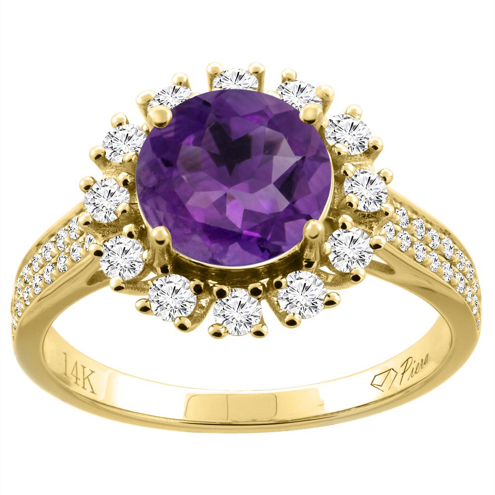 14K Gold Natural Amethyst Ring with Round 8mm Diamond Accents - Size 5-10 | Elegant Jewelry Gift for Women, Perfect for Weddings, Anniversaries & Special Occasions
