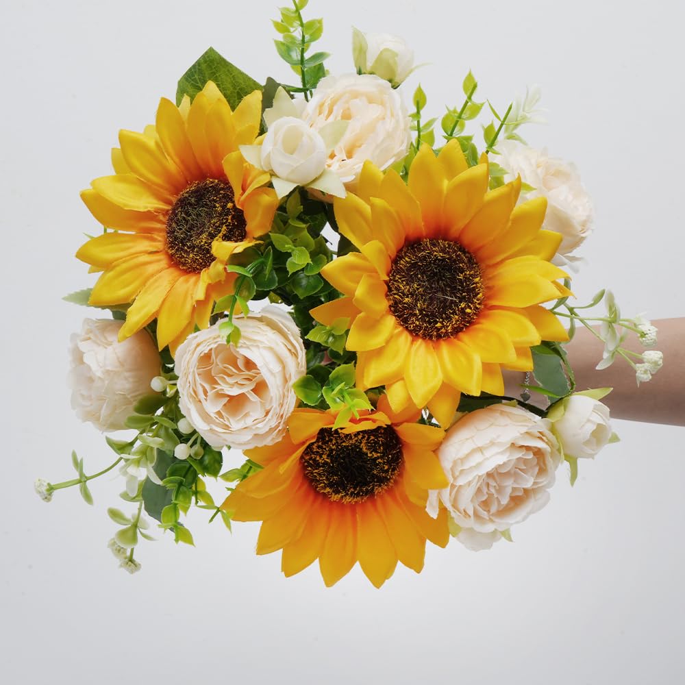 5 Pcs Artificial Peonies & Sunflowers Silk Flowers - 14 Inch Fake Floral Bouquet for Home Decor, Wedding Centerpieces, Bridal Arrangements, Indoor Table Decor (Perfect for Living Room, Dining Table, Office Desk)