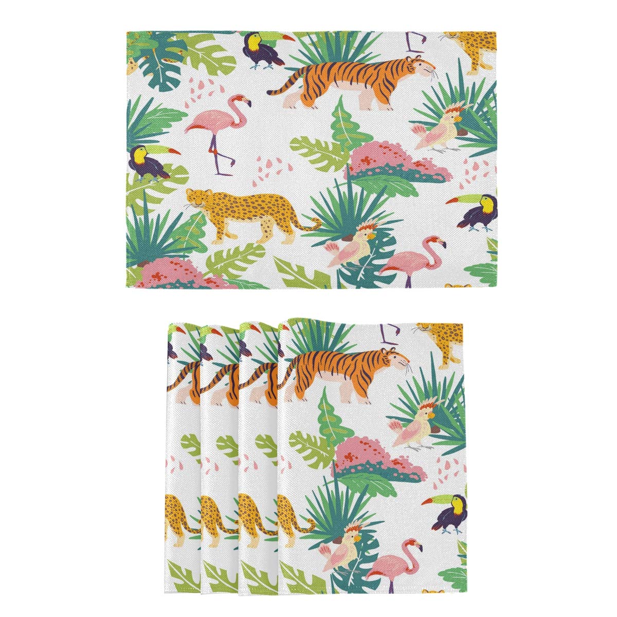 Oarencol Tropical Jungle Themed Placemats Set of 4 - Toucan, Flamingo, Tiger & Plants Design | Heat-Resistant, Washable Kitchen & Dining Table Mats | Perfect for Home Decor, Party Supplies & Outdoor Picnics
