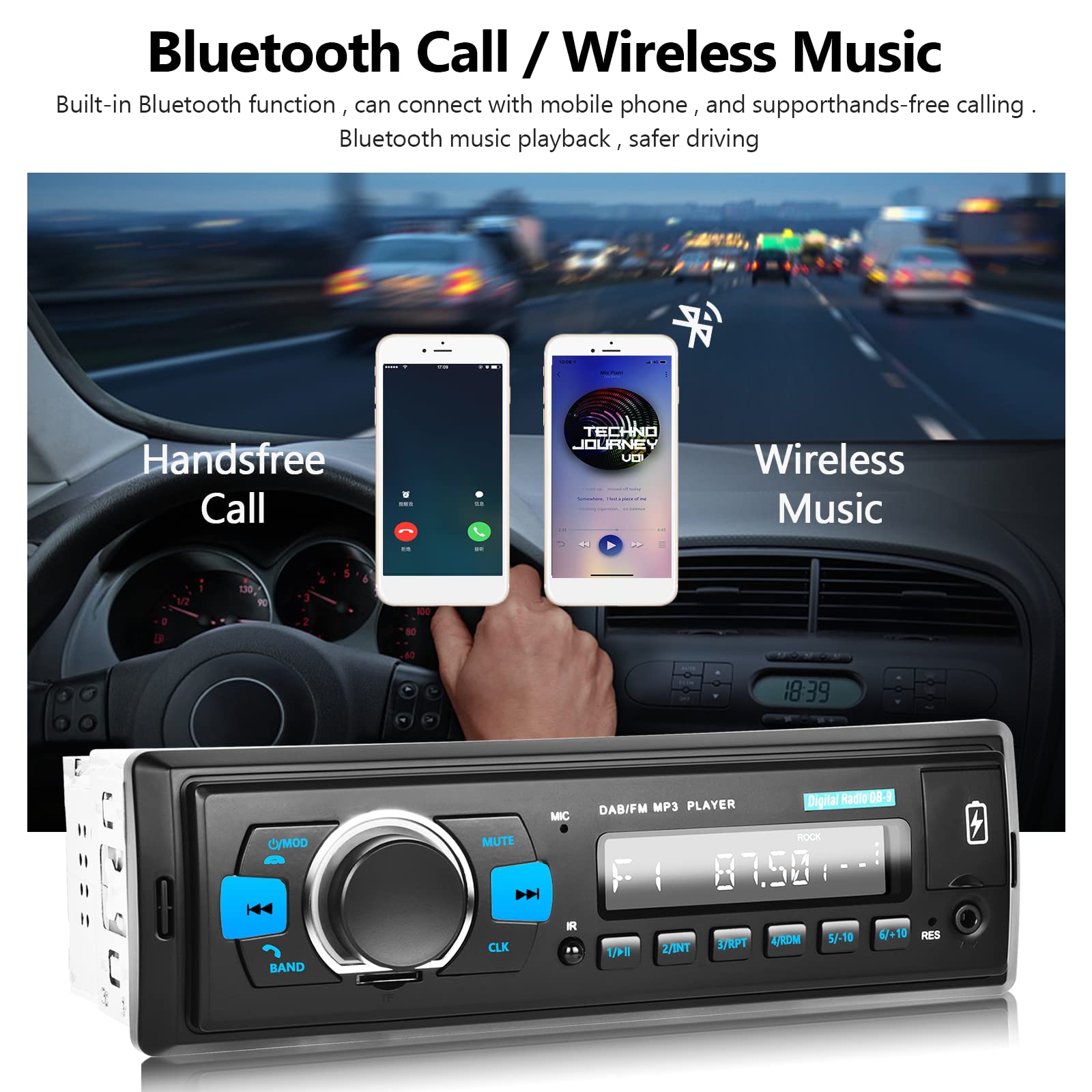 Hodozzy Single Din Car Stereo with Bluetooth, DAB+ & FM RDS Radio | MP3 Player, USB/TF/AUX Input | Steering Wheel Control & Hands-Free Calling | Perfect for Commuting & Road Trips