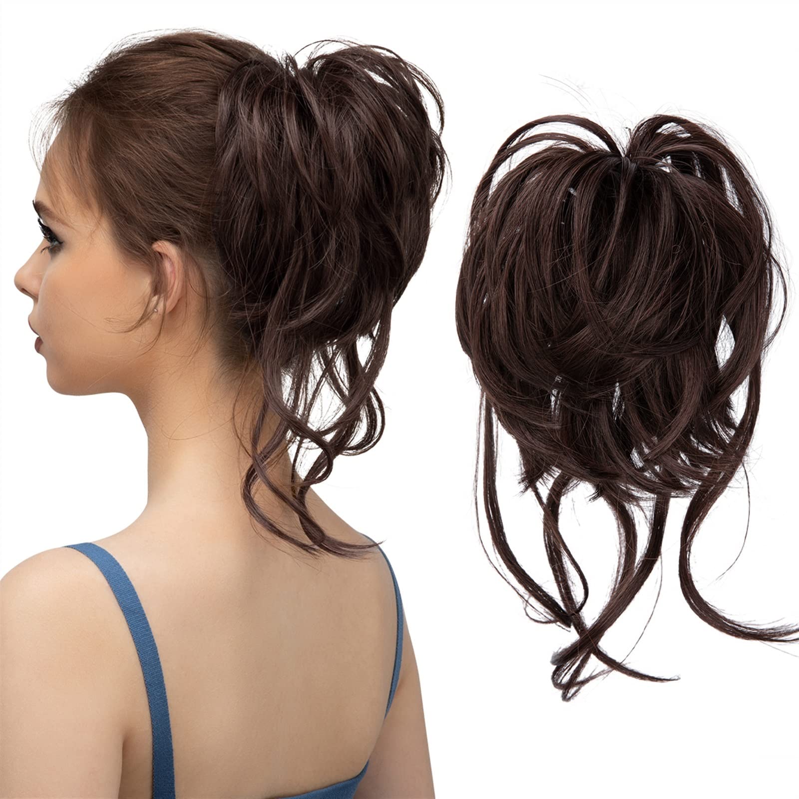 Synthetic Messy Bun Hairpiece with Elastic Band - Chocolate Brown Ponytail Extension for Women | Perfect for Parties, Weddings & Everyday Styling