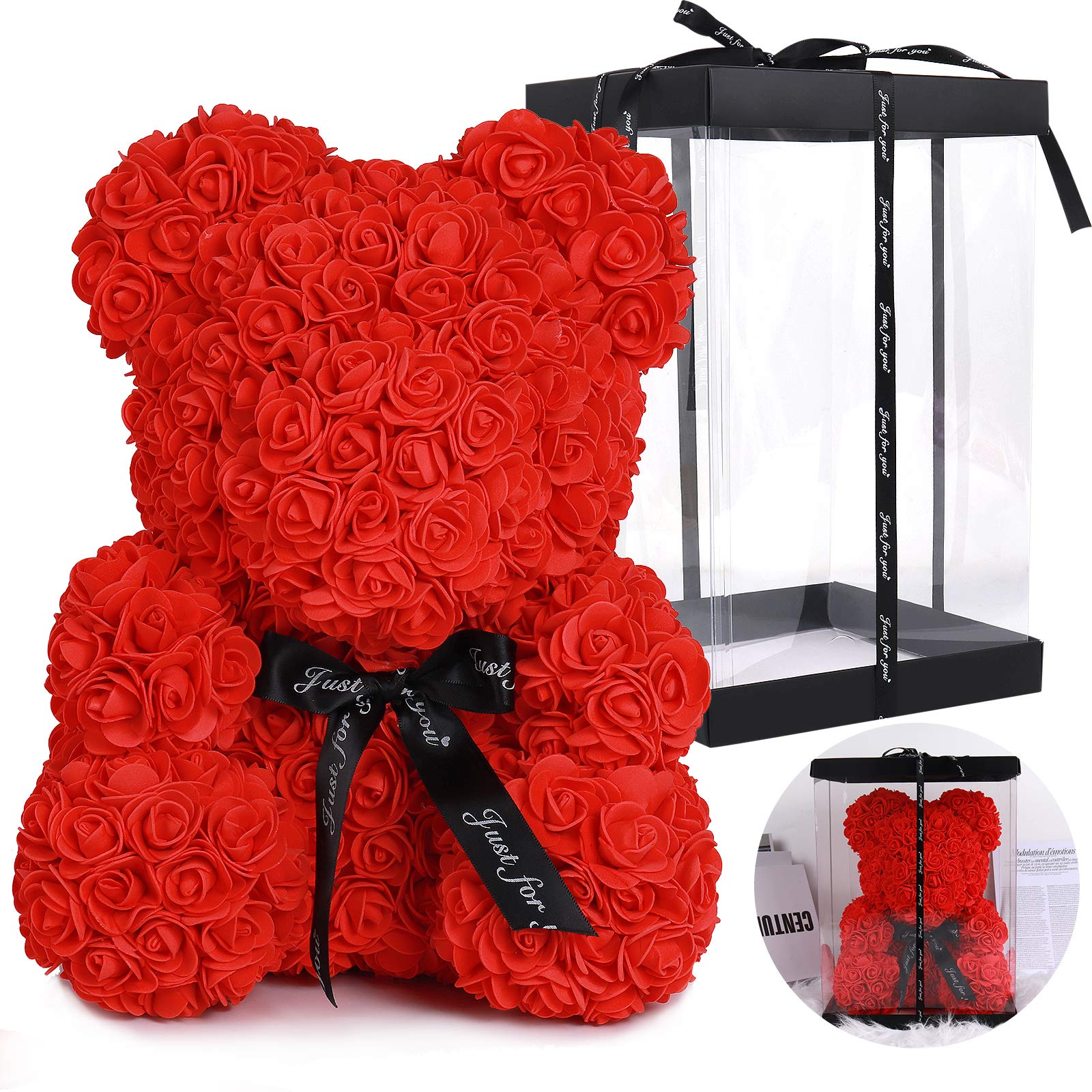 10 Inch Red Rose Teddy Bear - Artificial Flower Bear for Wedding, Party, Valentine's Day, Mother's Day, Anniversary & Birthday Gift - Romantic Home Decoration & Present Box