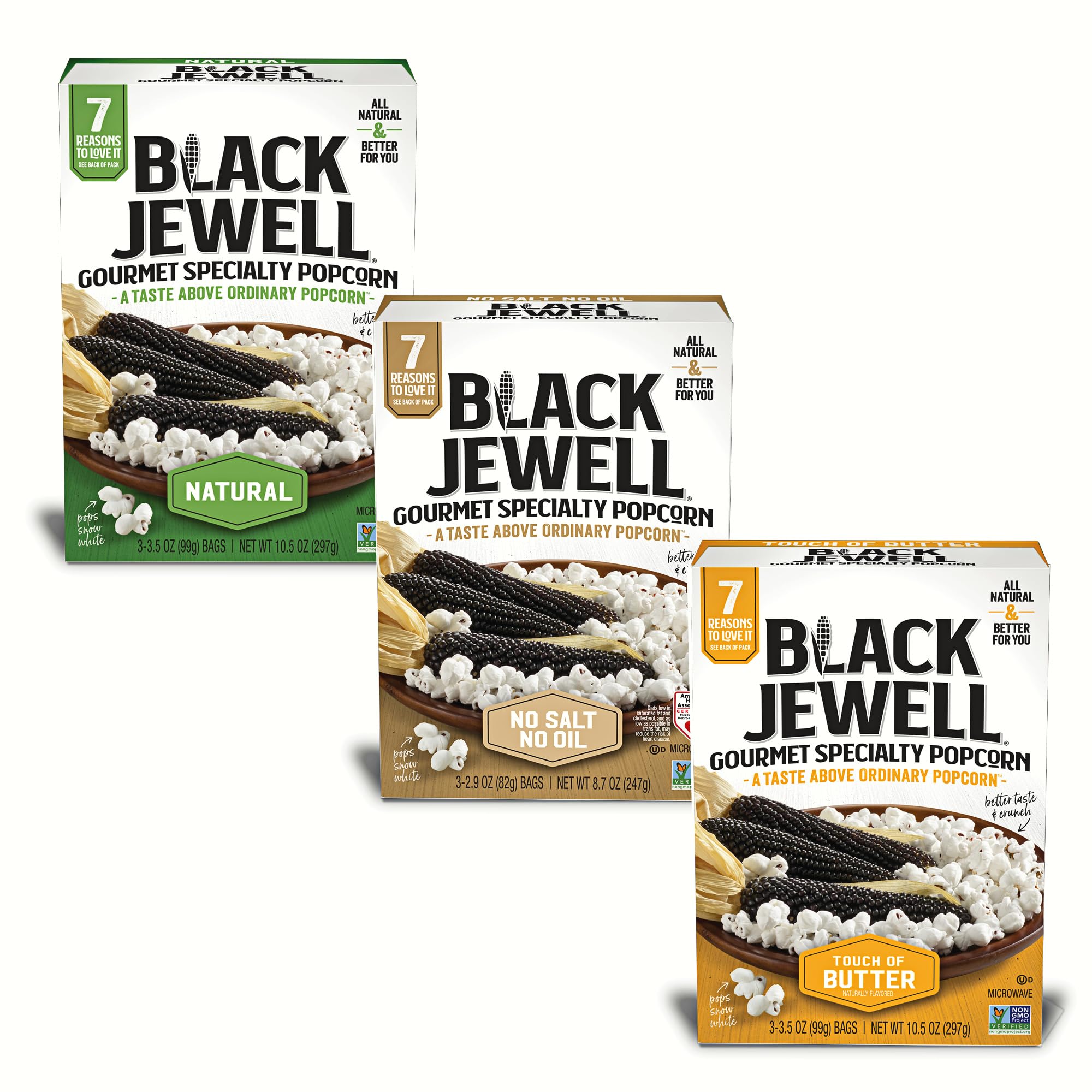 Black Jewell Gourmet Microwave Popcorn Variety Pack - 3 Flavors: Natural, No Salt No Oil & Light Butter | Healthy Snacks for Movie Nights, Office Breaks & Keto Diet