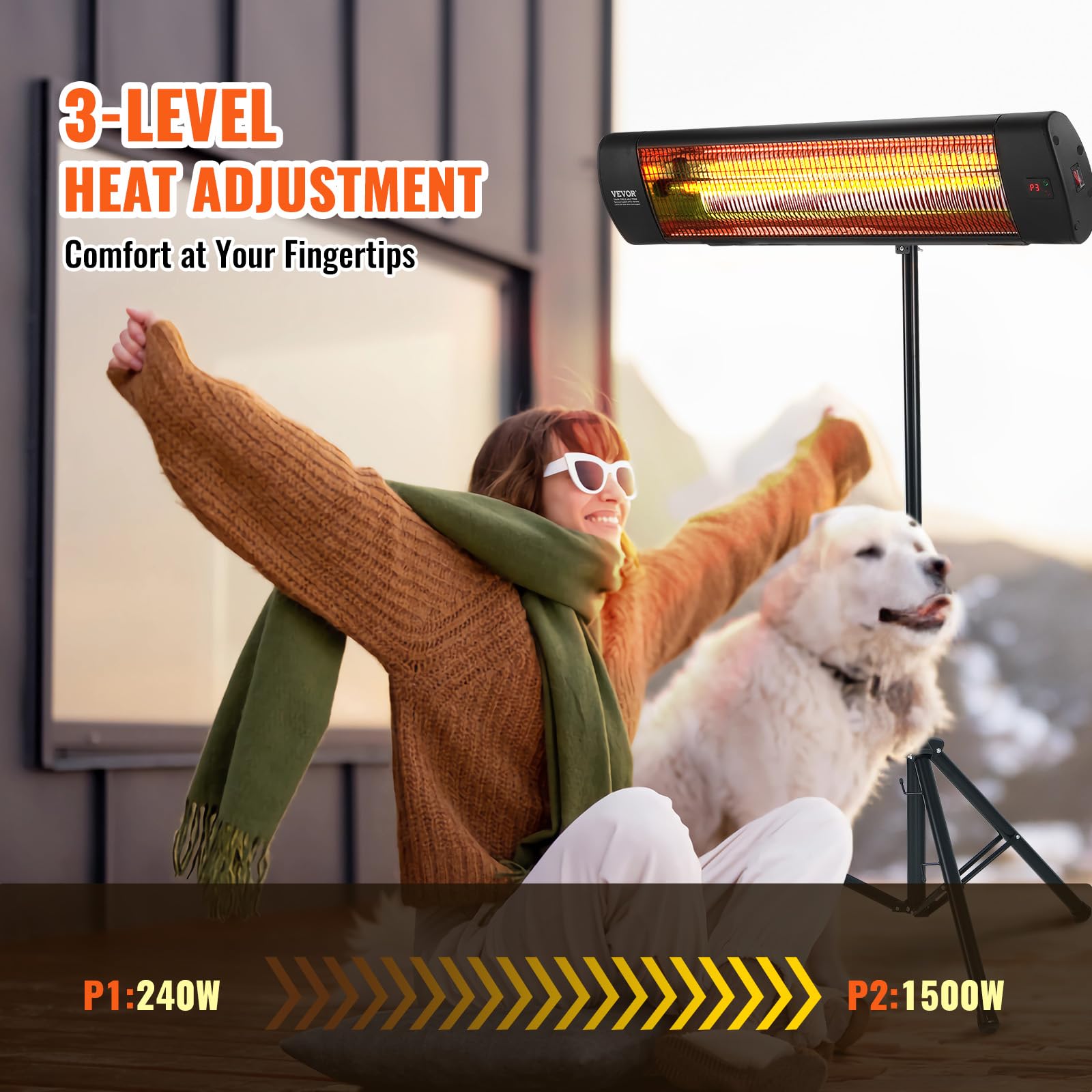 VEVOR 1500W Infrared Heater with Remote Control - 3 Speed Electric Space Heater with LED Display, Timer & Stand - Ceiling/Wall Mountable Patio Heater for Outdoor/Indoor Use - Perfect for Porch, Dining Room, Studio, Garage & Office Warming
