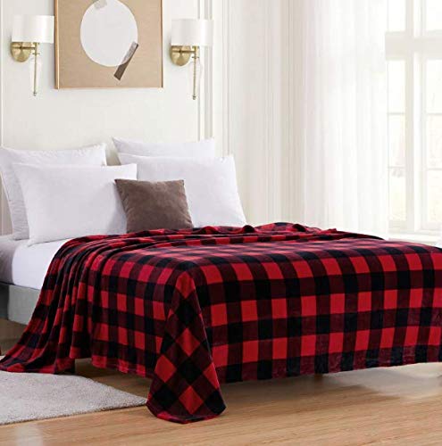 100% Flannel Fleece Polyester Buffalo Check Blanket - Burgundy/Black Plaid Queen Size Throw Blanket for Bed, Sofa & Winter Warmth