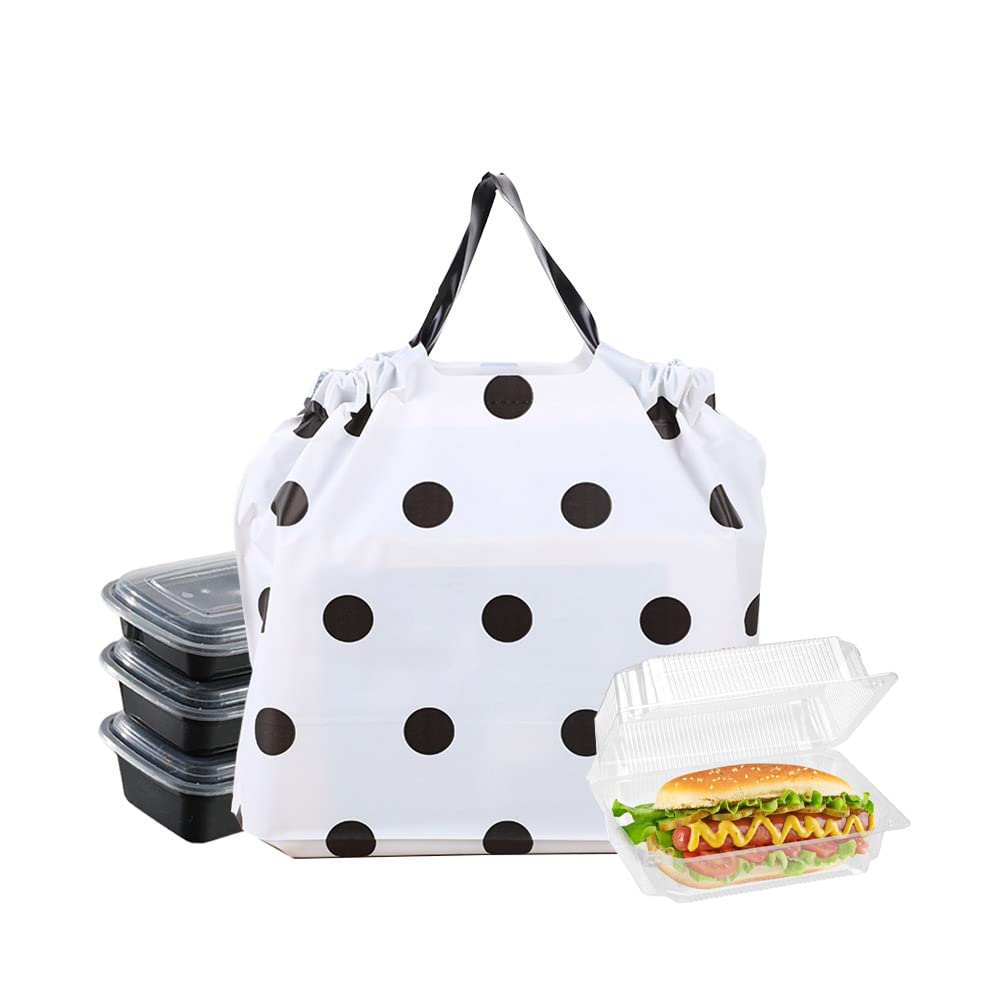 50PCS Thick Plastic Bags with Handles - Reusable Waterproof Takeout Bags, Square Bottom Lunch Bags for Small Business & Restaurant - Carry Out Bags (Polka Dot, Medium) - Perfect for Food Delivery, Picnics & Party Favors