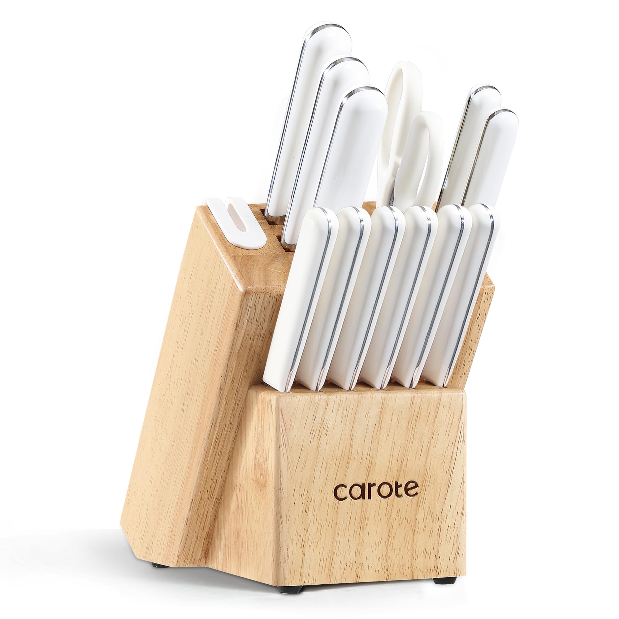 CAROTE 14-Piece Stainless Steel Kitchen Knife Set with Wooden Block & Built-in Sharpener - Razor-Sharp Knives for Professional Chefs & Home Cooking - Perfect for Slicing, Dicing & Food Prep
