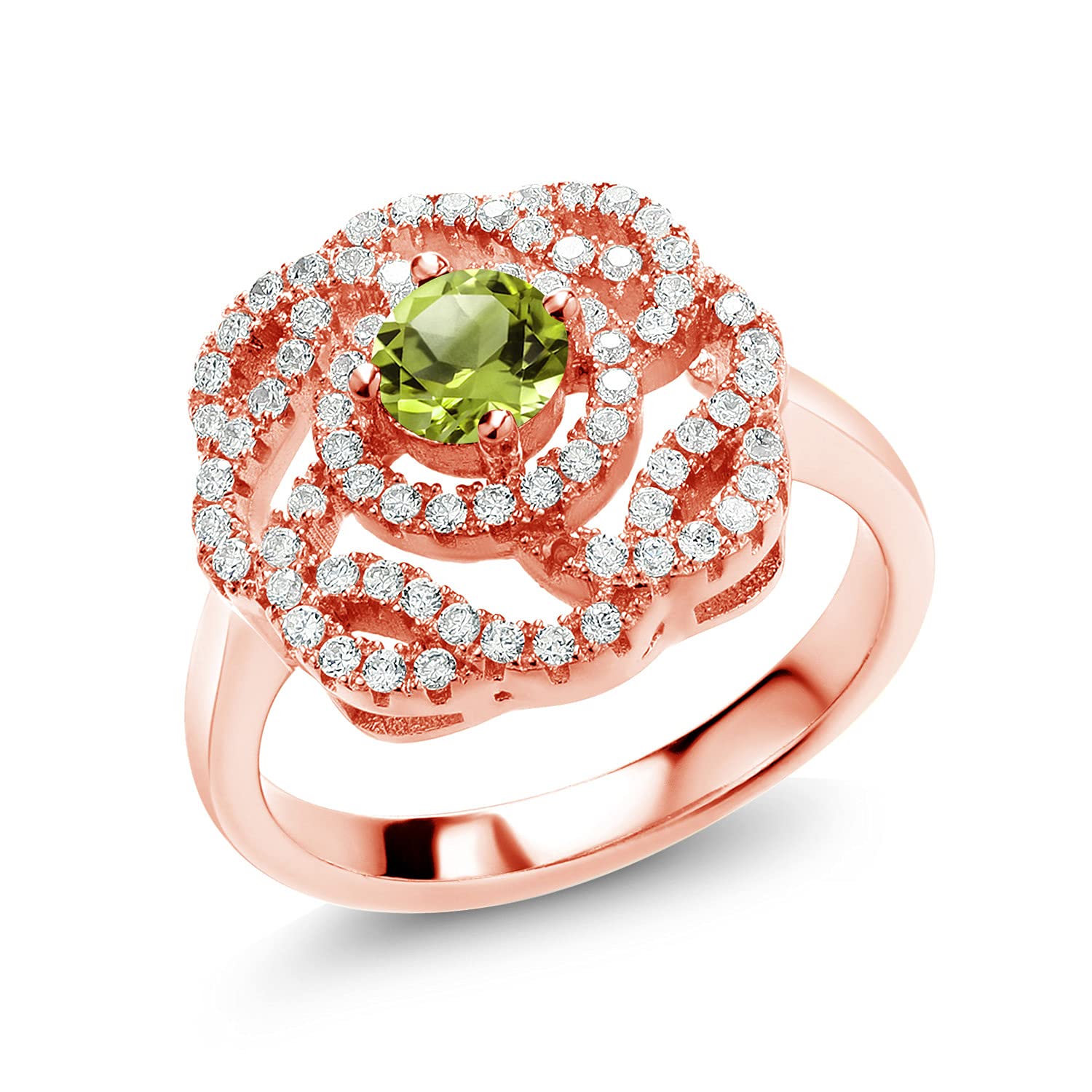1.58 Ct Round Green Peridot Flower Blossom Ring - 18K Rose Gold Plated Sterling Silver | Gem Stone King | Elegant Jewelry for Women, Perfect for Weddings, Anniversaries & Special Occasions