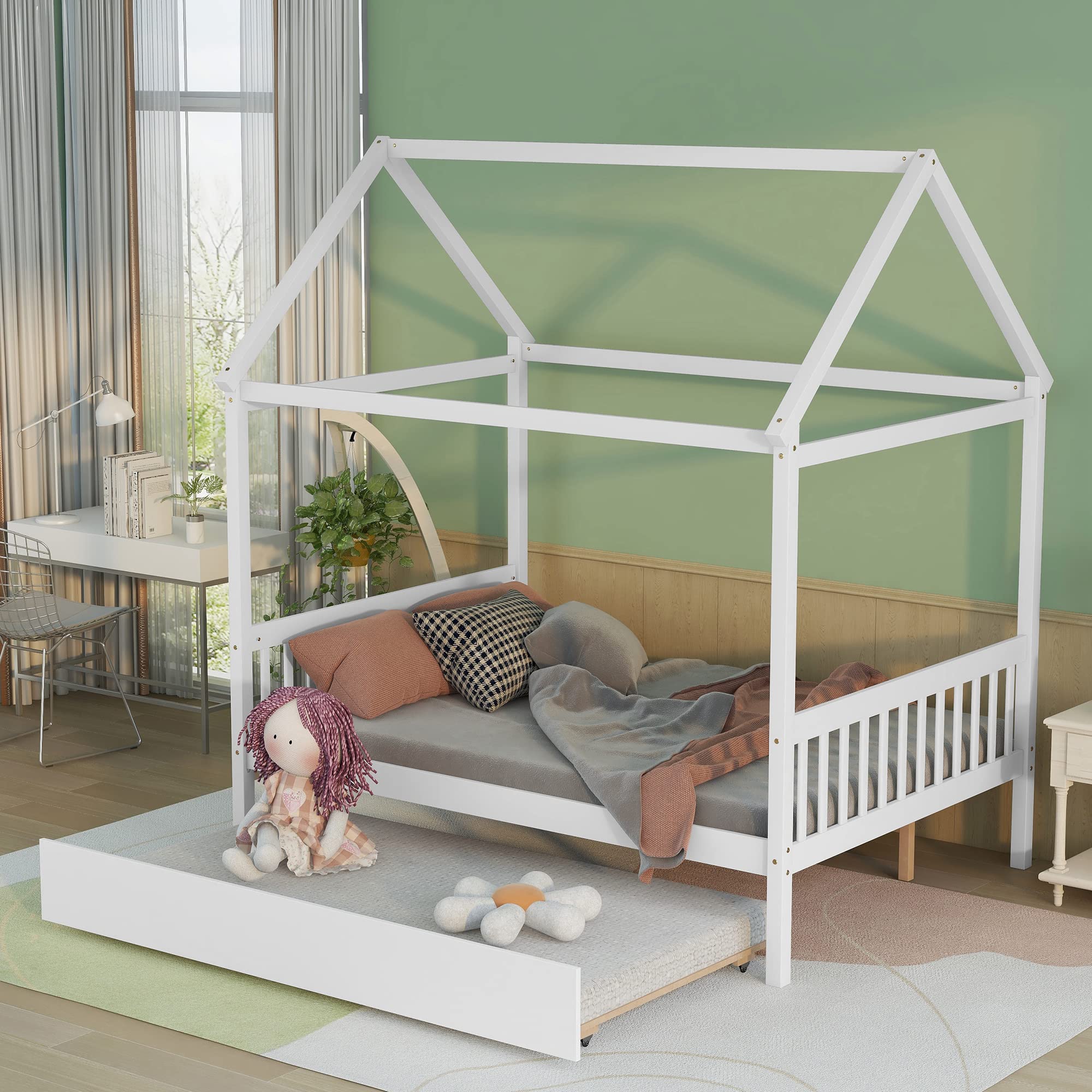**Full Size Wooden House Bed with Trundle - Sturdy Kids Bed Frame with Roof Design for Boys & Girls - Perfect for Bedroom, Playroom & Nursery Decor (White)**
