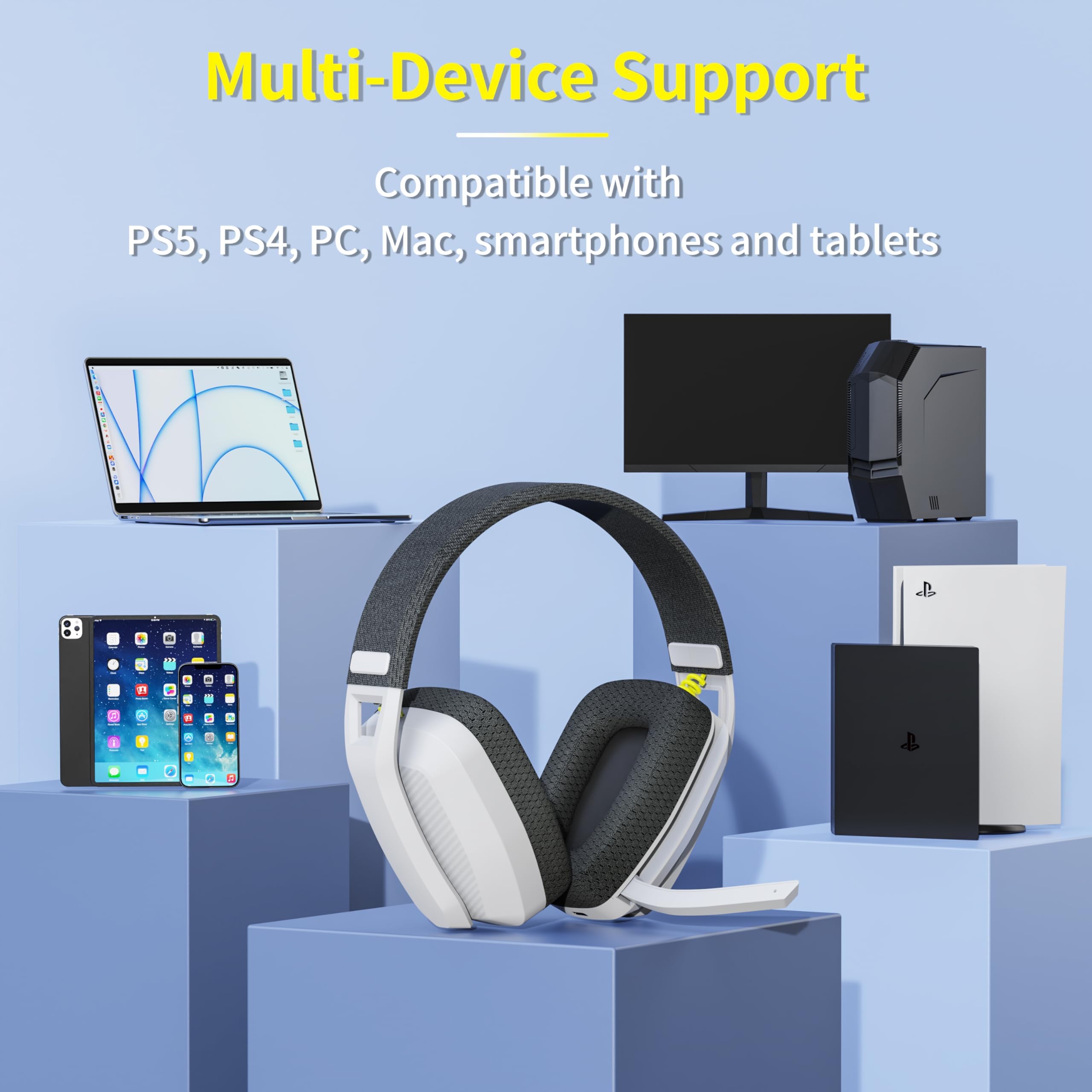 BINNUNE Wireless Gaming Headset with Mic for PC, PS4, PS5 - White/Gray for Online Gaming & Streaming