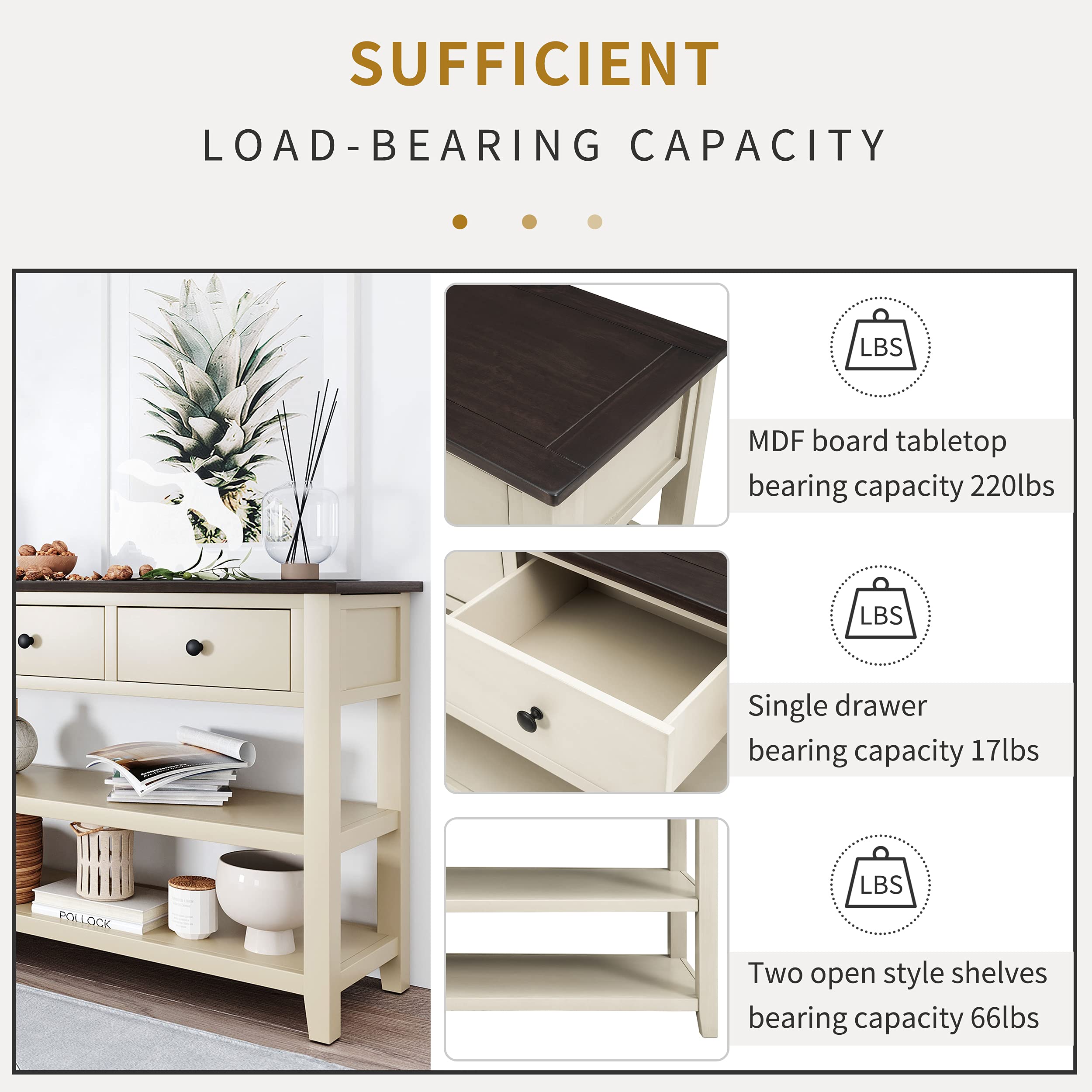50 Inch Rustic Console Table with 3 Drawers & 2-Tier Open Shelf - Entryway Sofa Table for Living Room, Hallway - Beige Wooden Storage Solution for Home Decor
