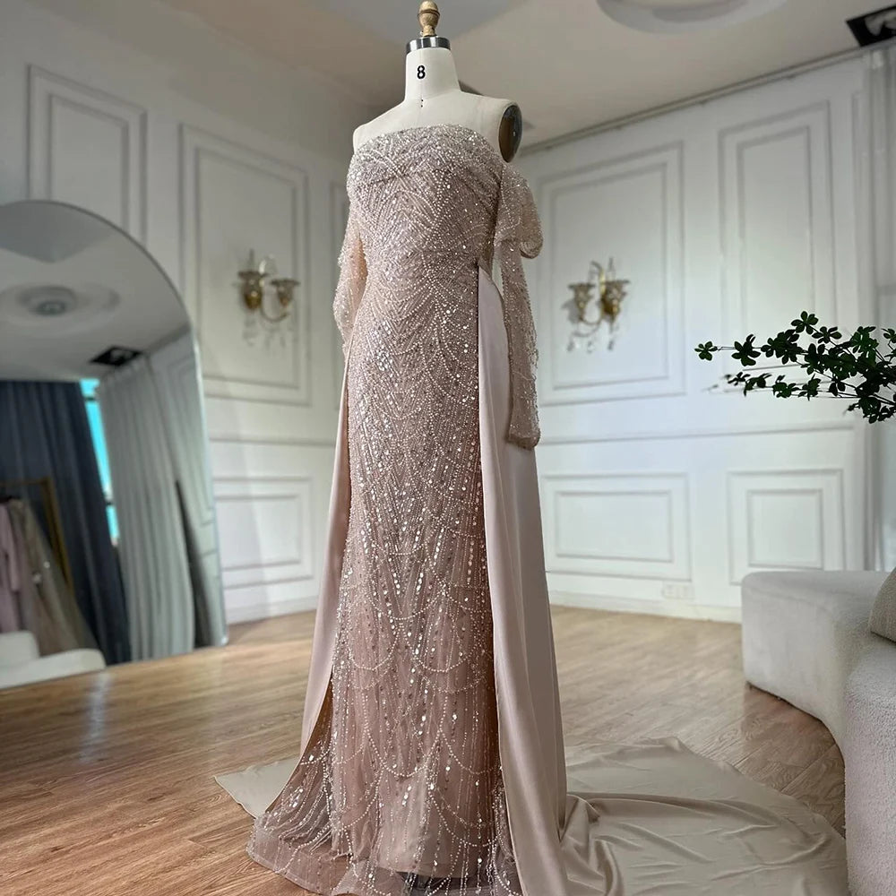Luxury Dubai Arabic Pearl Beaded Mermaid Evening Gown with Detachable Overskirt - Formal Wedding Dress for Brides, Prom, Gala & Special Occasions
