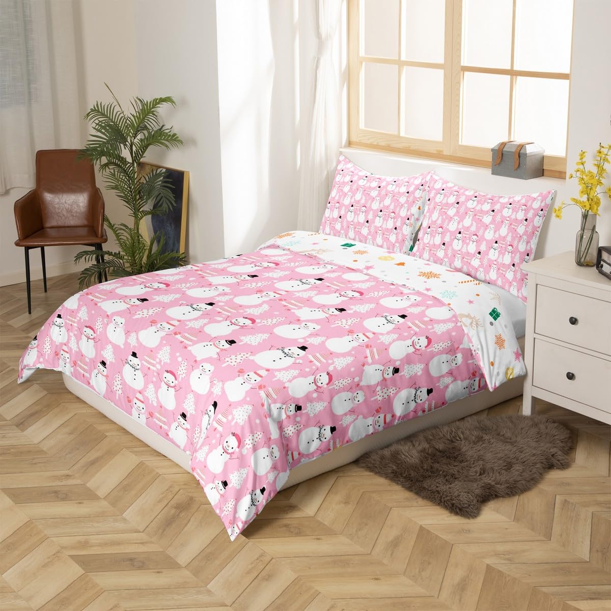 Cute Cartoon Snowman Duvet Cover Twin Set - Pastel Pink Merry Christmas Bedding for Kids & Girls | Snowflake Quilt Cover with Christmas Tree Design | Perfect for Holiday Decor, Winter Bedroom & Xmas Gift
