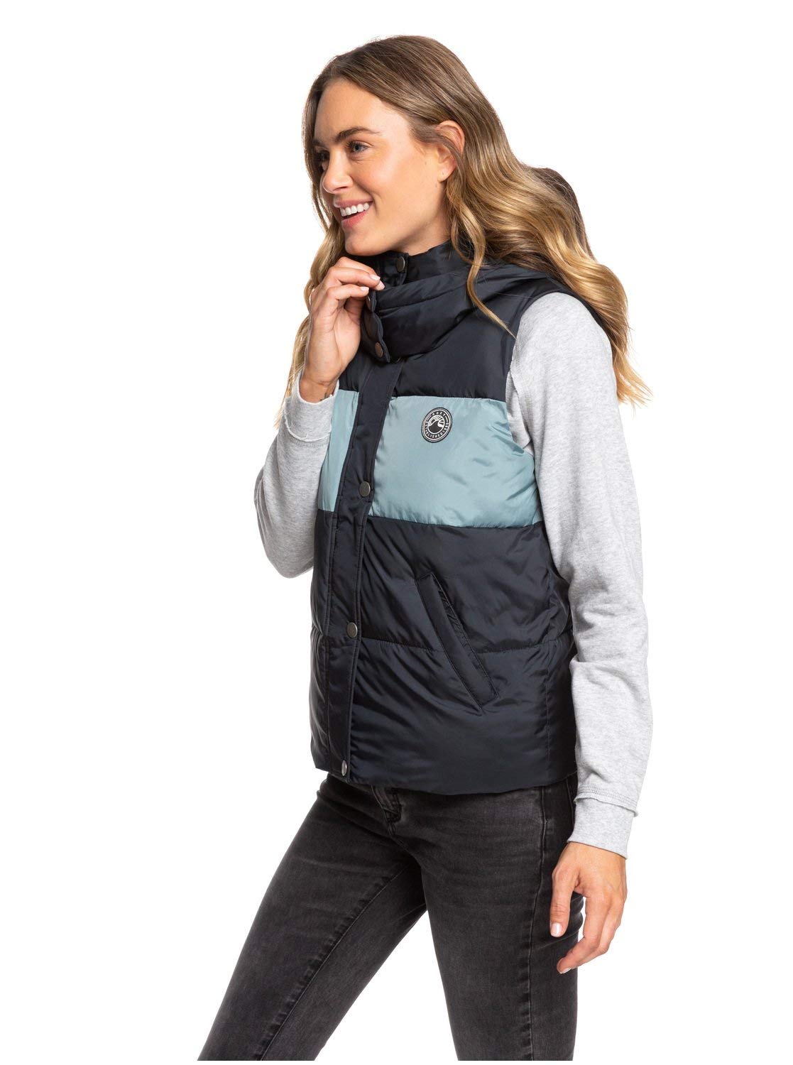 Roxy Women's Out of Focus Hooded Puffer Vest - Lightweight Insulated Body Warmer Jacket - Size L - Black True Black - Perfect for Hiking, Camping & Outdoor Activities