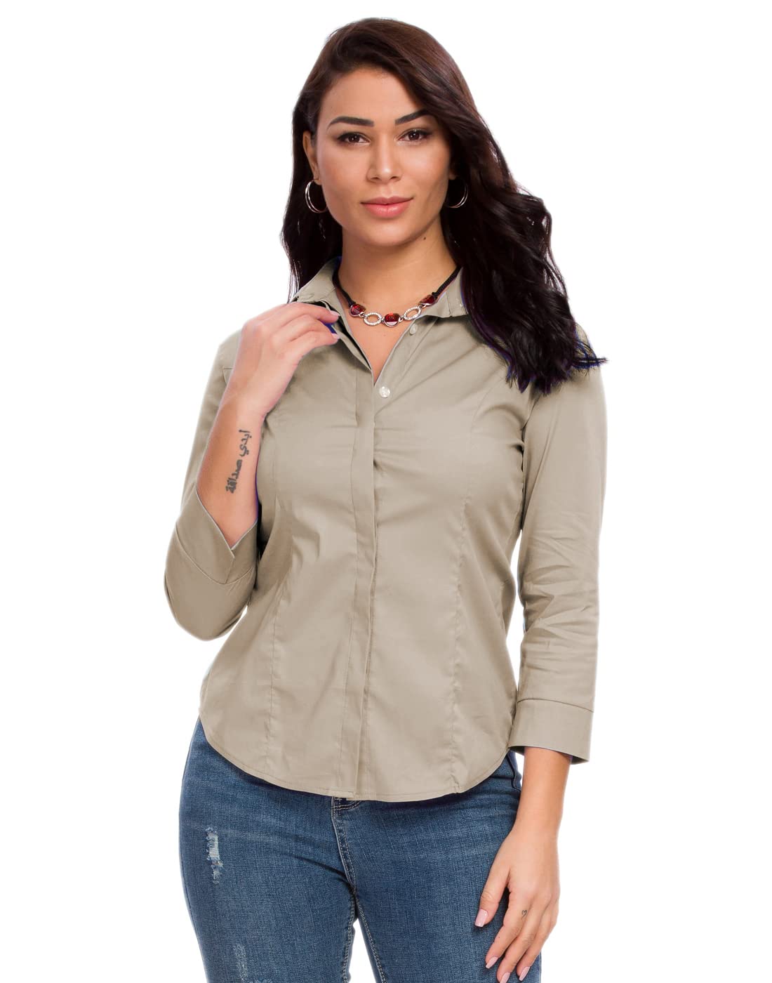 Women's Button Down Shirts - Formal 3/4 Sleeve White Stretch Blouse for Office & Summer Wear | Breathable Dress Shirt for Business, Cocktail Parties & Casual Outings