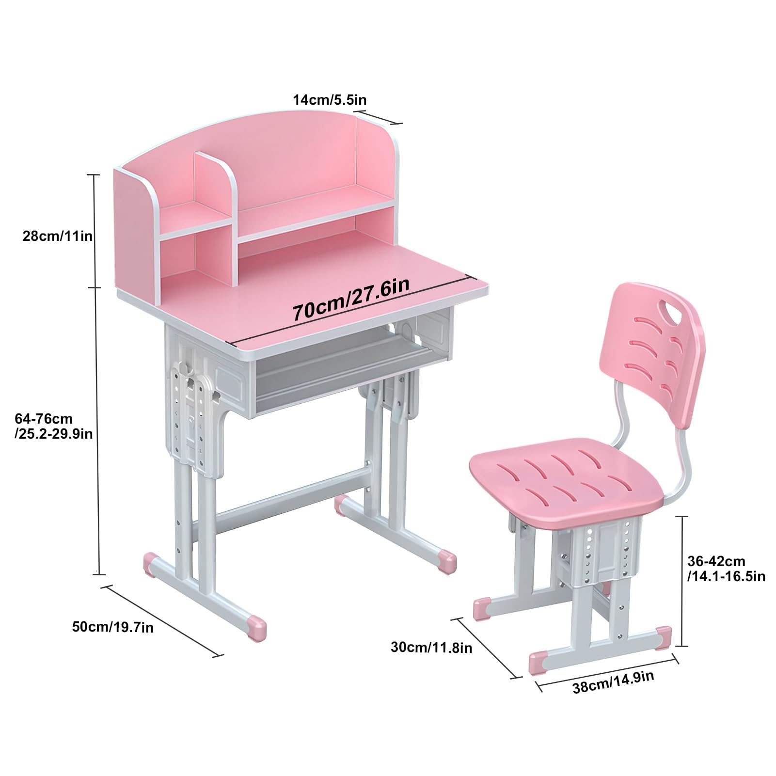 **Ergonomic Adjustable Kids Desk and Chair Set with Storage Drawer & Book Stand - 70cm Pink Study Desk for Home or School - Perfect for Homework, Reading & Online Learning**