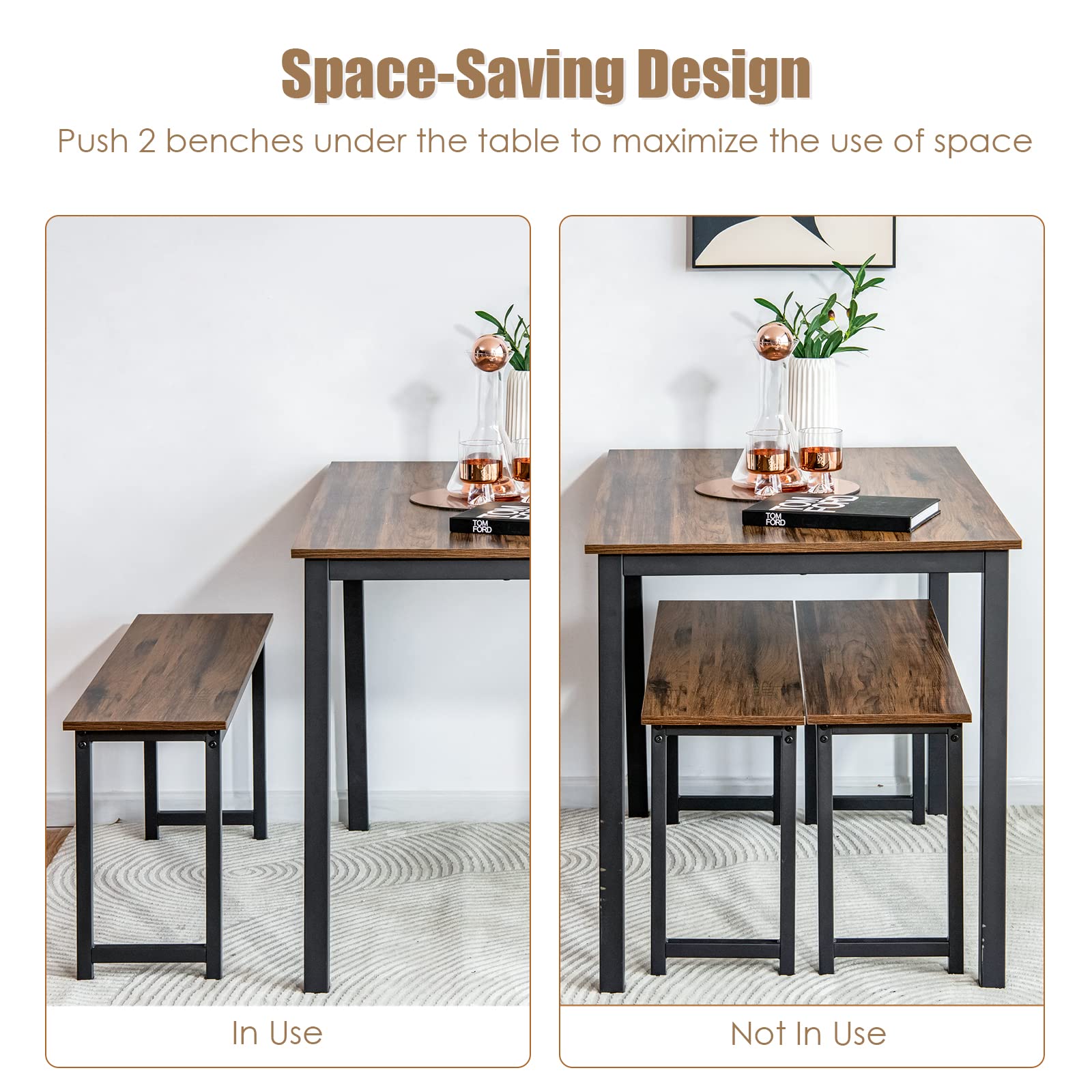 Modern 3-Piece Dining Table Set for 4 with 2 Benches - Space-Saving Kitchen & Dining Room Furniture in Brown - Perfect for Small Apartments, Breakfast Nooks & Cozy Family Meals