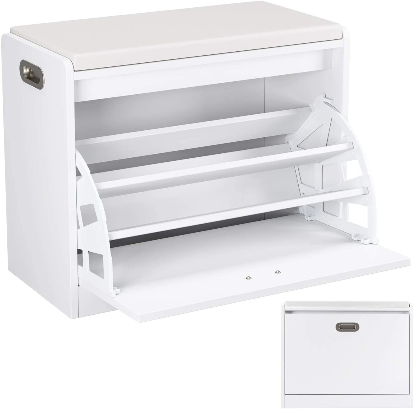 AVOA 3-Tier Shoe Storage Bench with Seat Cushion & Storage Chest - Wooden Entryway Shoe Organizer for Hallway, Living Room, and Bedroom - Space Saving Shoe Rack with Comfortable Seating