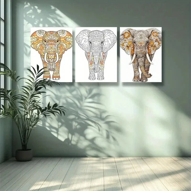 3-Piece Stylized Elephant Wall Art Set - Framed Canvas Paintings 40x60cm | High Quality Print | 100% Australian Made | Ready to Hang | Perfect for Living Room, Bedroom & Office Decor