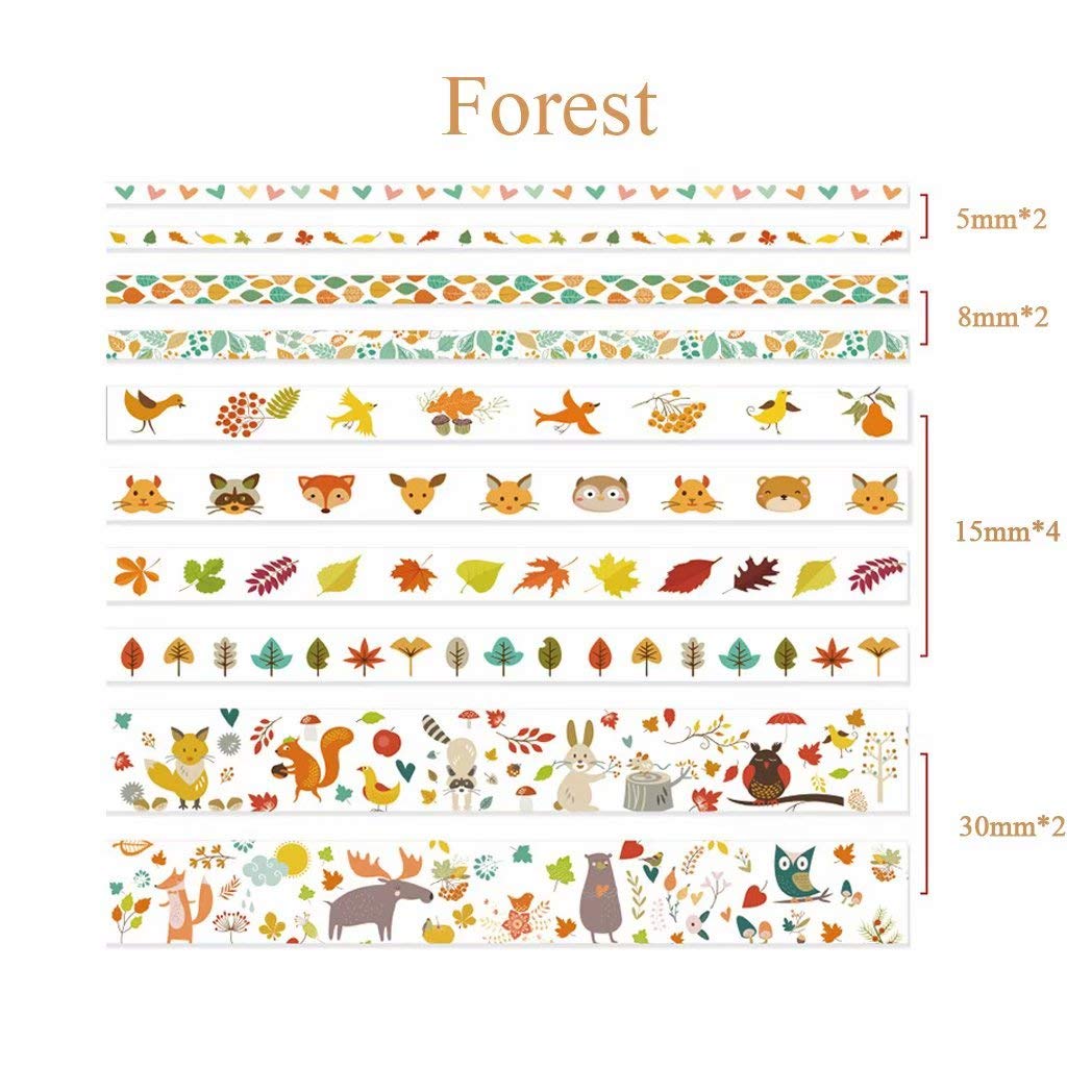 JOMOYEEH Washi Tape Set - 10 Rolls Decorative Masking Tape for Scrapbooking, Bullet Journal, Planners, Gift Wrapping, DIY Crafts (5mm,8mm,15mm,30mm, 2m Forest Design) - Perfect for Home Office, School Projects & Party Decorations