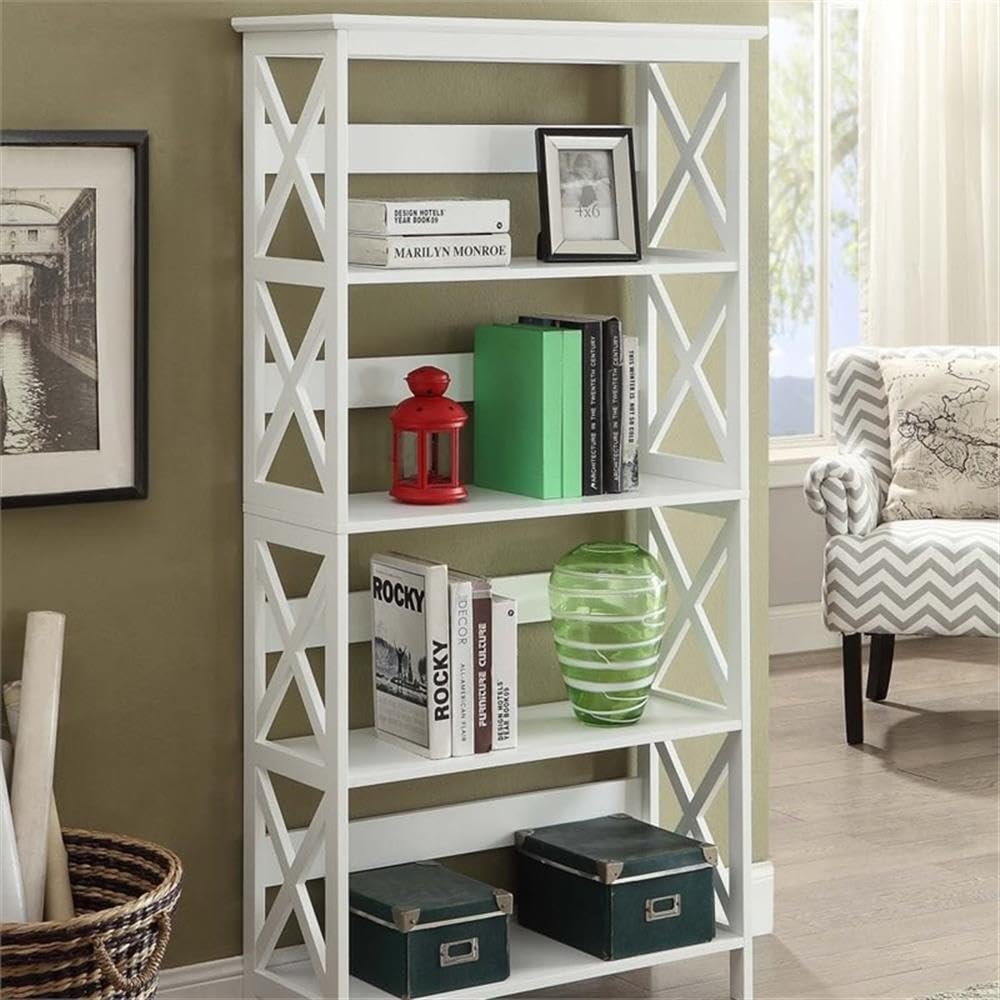 Pemberly Row 5-Shelf White Wood Bookcase - Stylish Storage for Living Room, Office & Bedroom