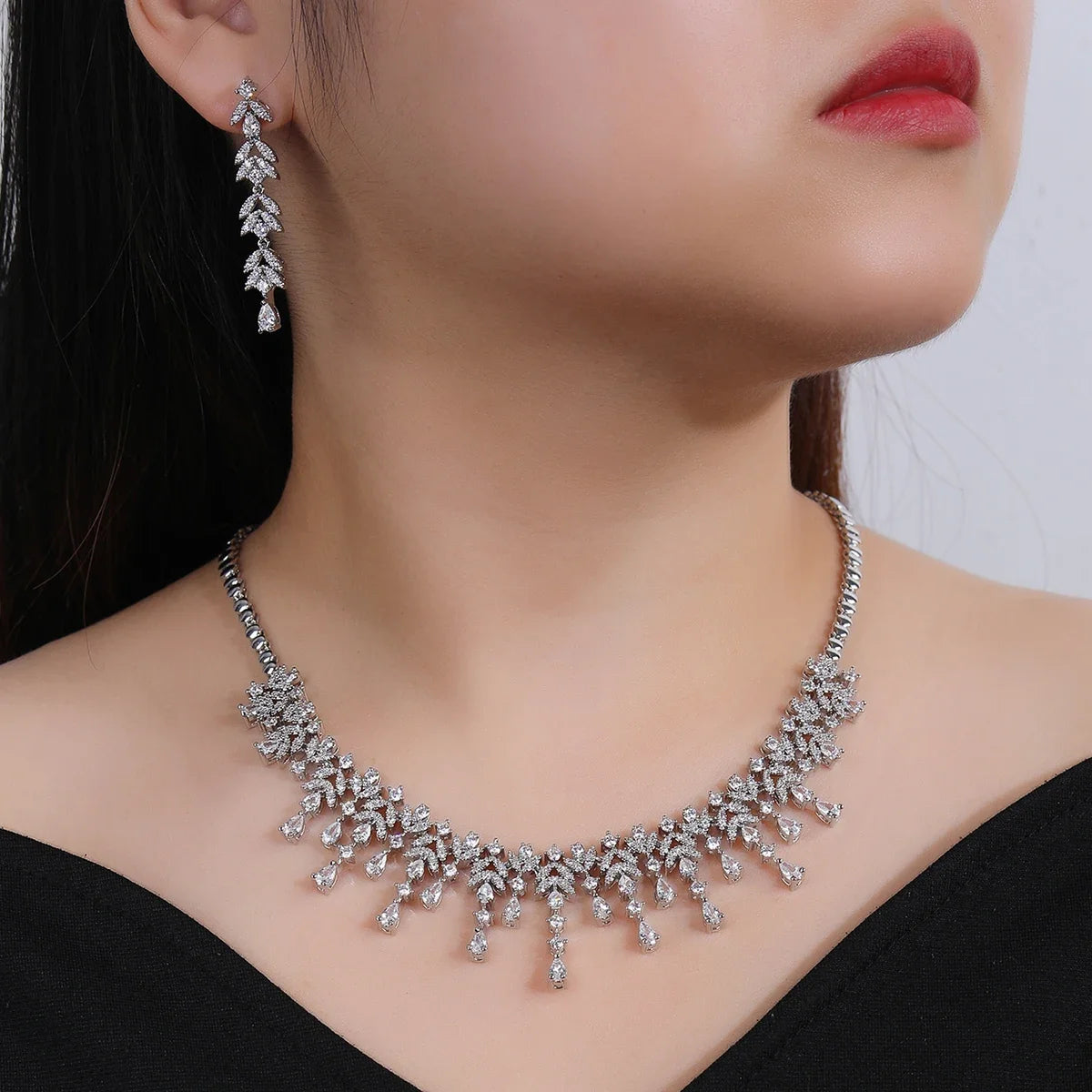 Elegant Leaf and Water Drops Necklace Earrings Set for Women - Luxury Bridal Jewelry Set with White Zirconia - Perfect for Weddings, Dubai Parties & Special Occasions - CN11203