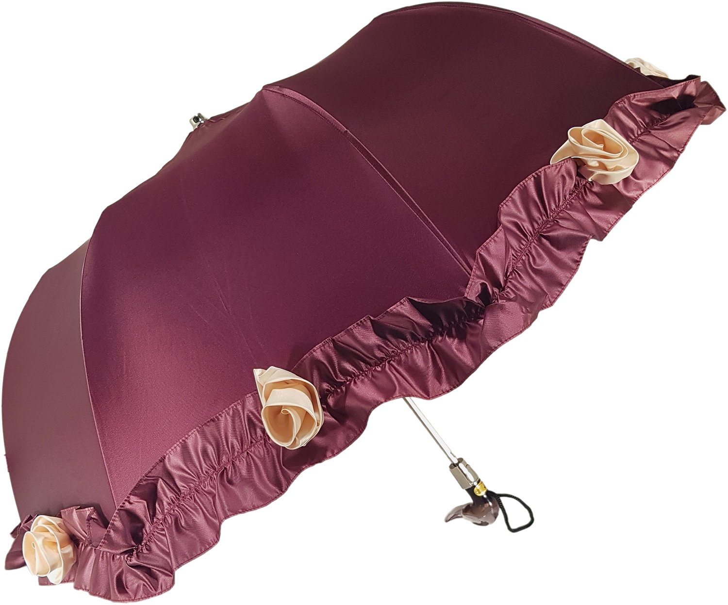 Elegant Burgundy Folding Umbrella with Frilly Trim - Compact Travel Parasol for Women, Perfect for Beach, Wedding & Outdoor Events