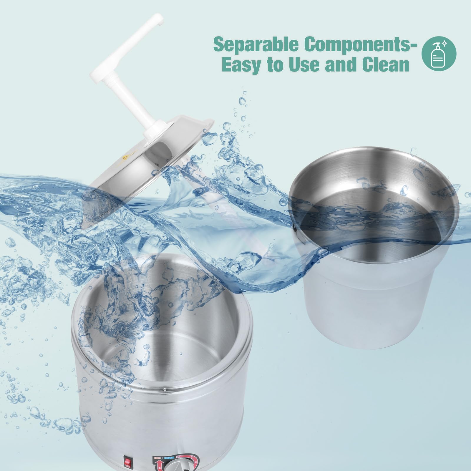 Commercial 7 QT Electric Stainless Steel Hot Fudge Dispenser with Temperature Control & Plastic Pump - 110V/200W Nacho Cheese Warmer for Buffets, Bakeries, Restaurants - Perfect for Chocolate Fountain, Caramel Sauce, and Cheese Dips at Parties, Cafes & Catering Events