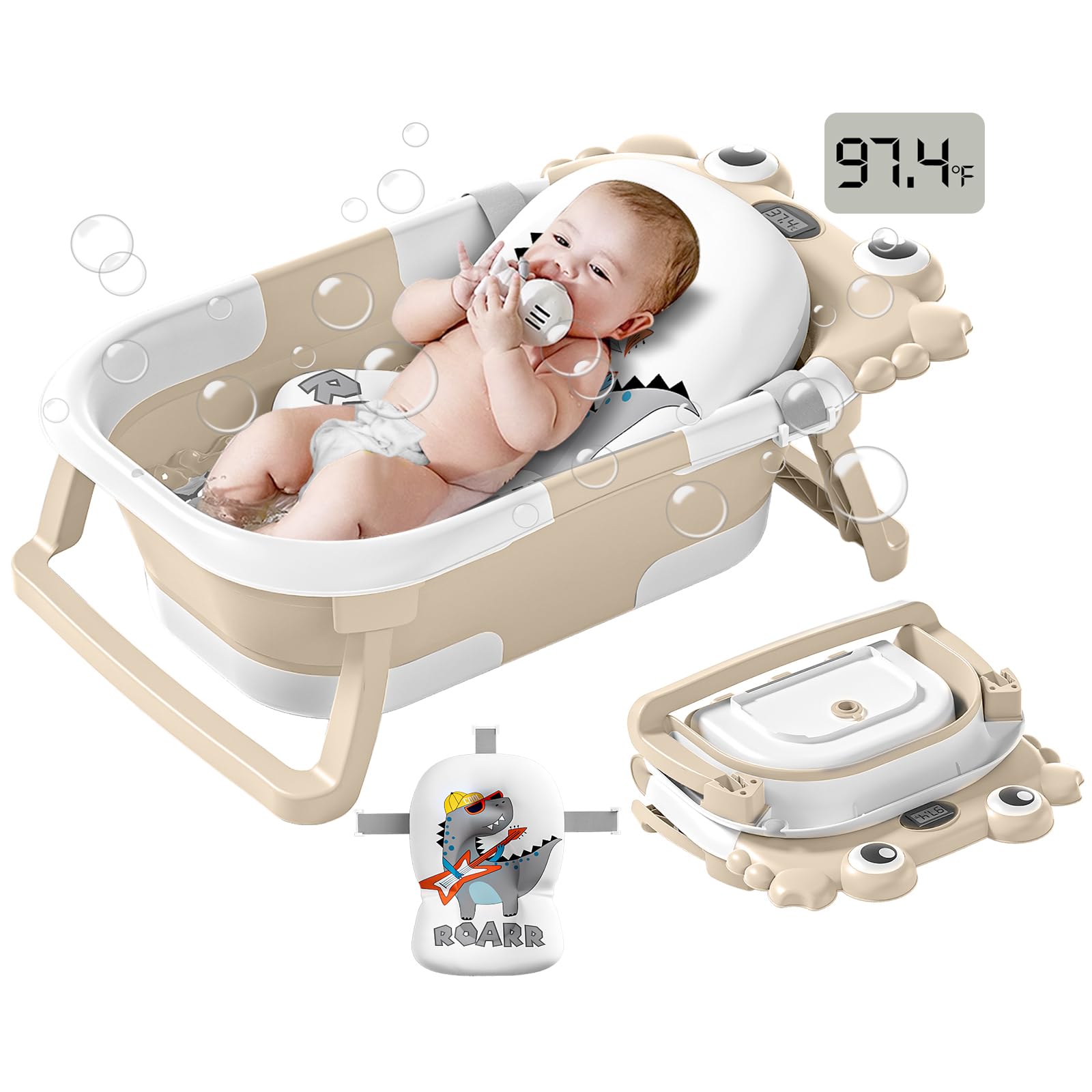 Foldable Baby Bathtub with Temperature Monitor & Floating Cushion - Portable Infant to Toddler Bath Tub (0-36 Months) for Newborns - Ideal for Home, Travel & Daycare Use (Beige)