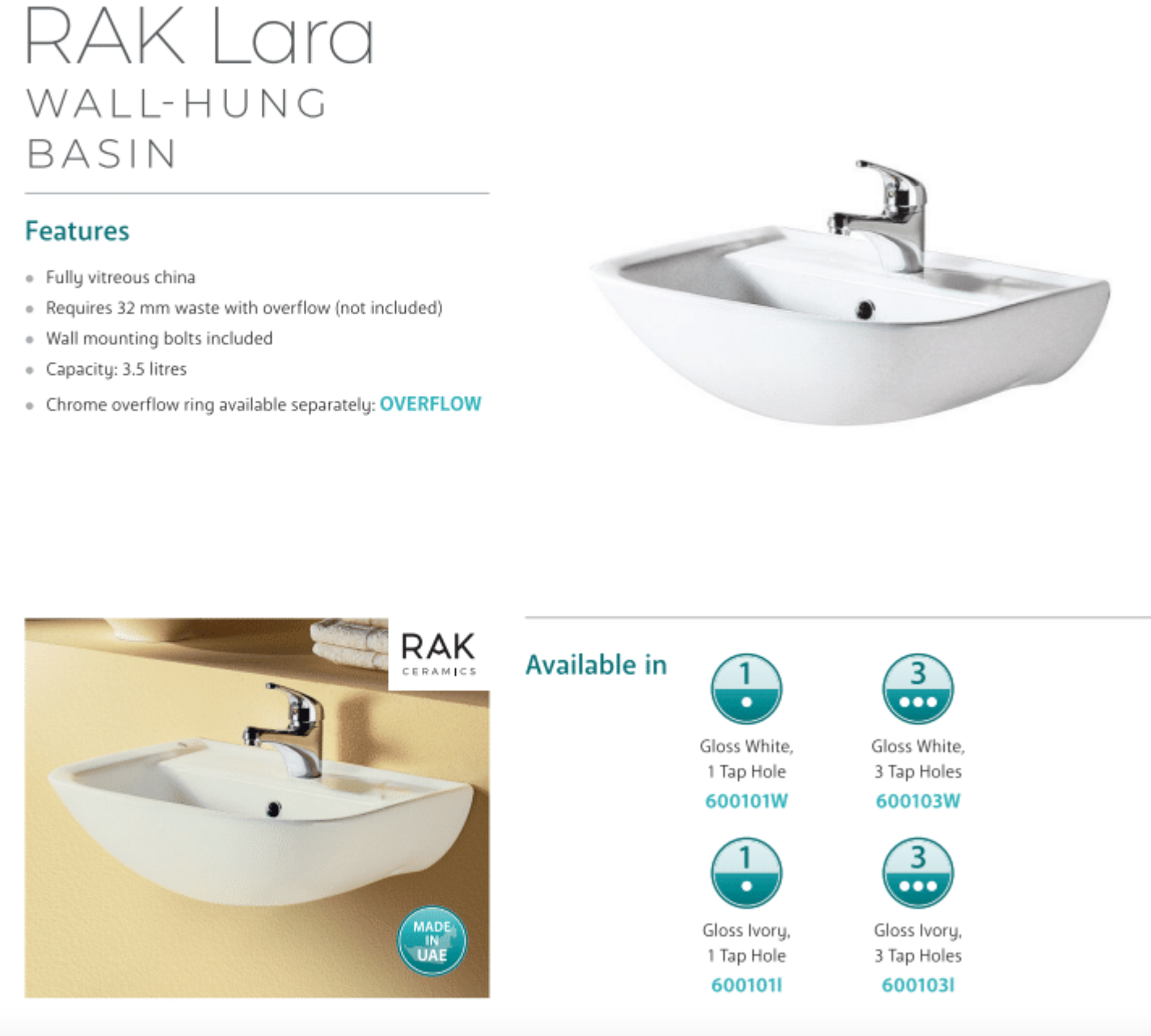 Fienza 600101W RAK Lara Wall-Mounted Ceramic Bathroom Sink with Single Tap Hole - White | Modern Space-Saving Design for Small Bathrooms & Powder Rooms