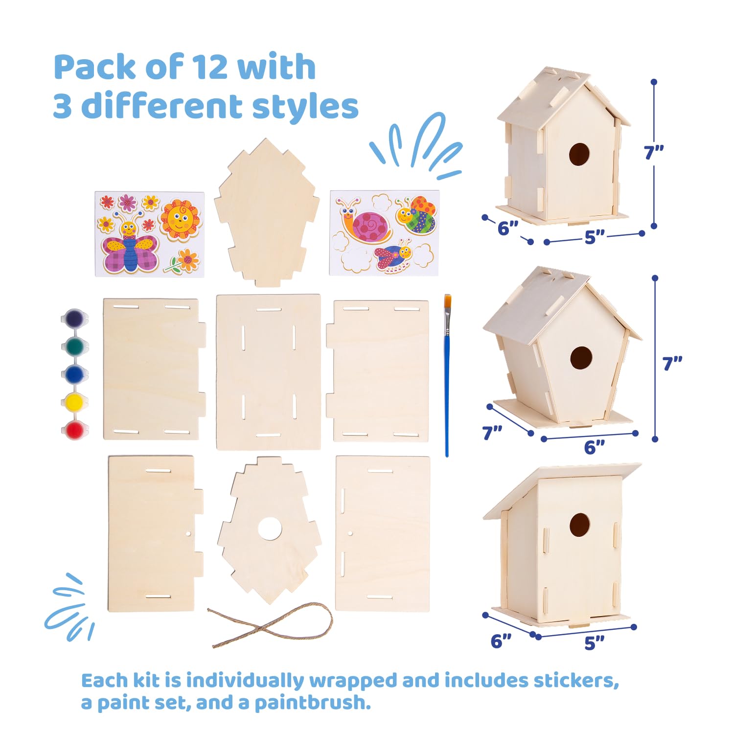 Neliblu DIY 12 Wooden Bird House Kits - Creative Arts and Crafts Set for Kids & Adults - Unfinished Wood Birdhouses with Paint, Brushes, Stickers & Strings - 3 Unique Shapes, 2 Sizes - Perfect for Garden Decor, Kids' Craft Projects & Gift Giving