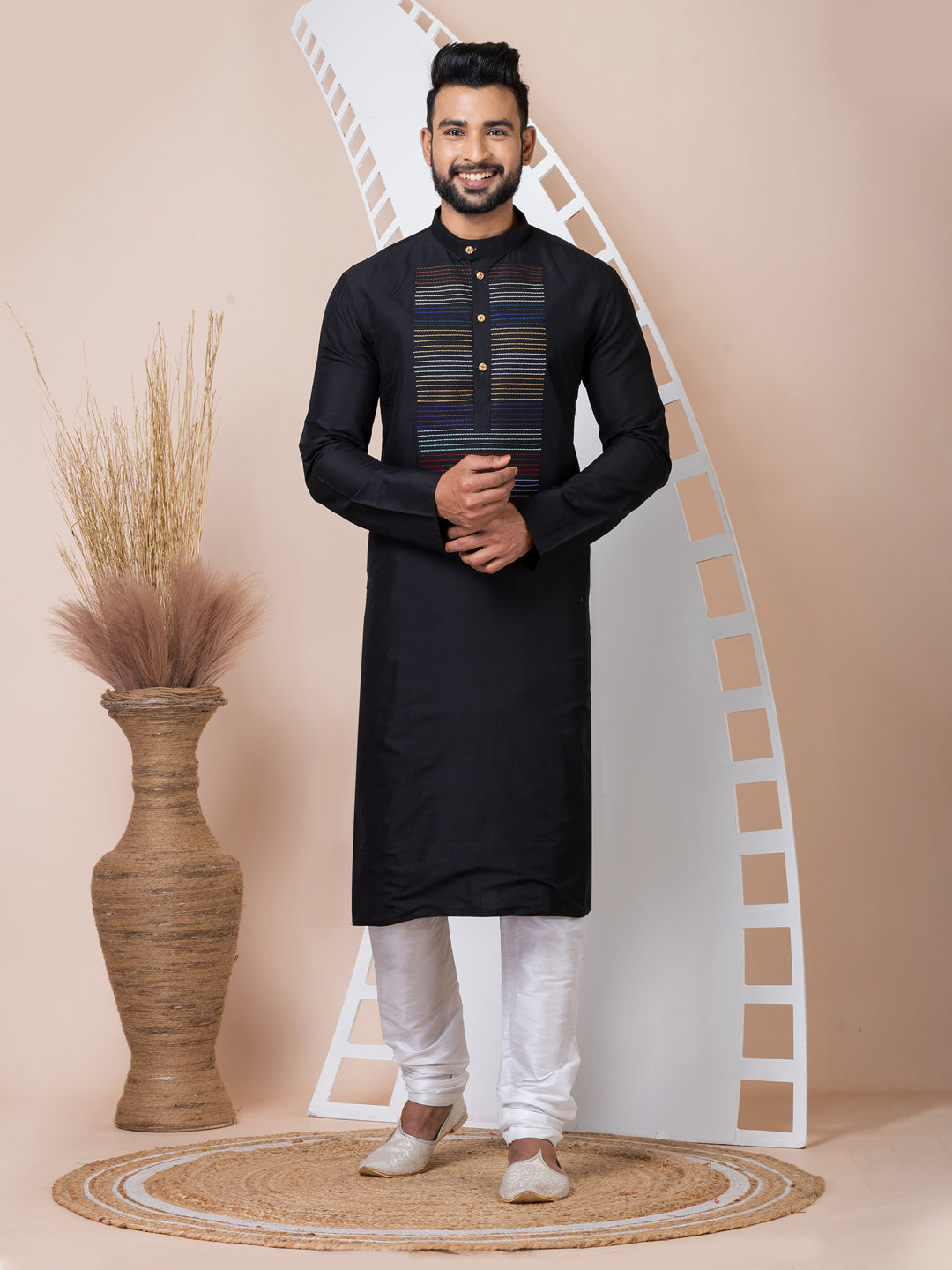 Stylish Black Designer Men's Kurta Pyjama Set - Premium Cotton Ethnic Wear for Weddings, Festivals & Special Occasions