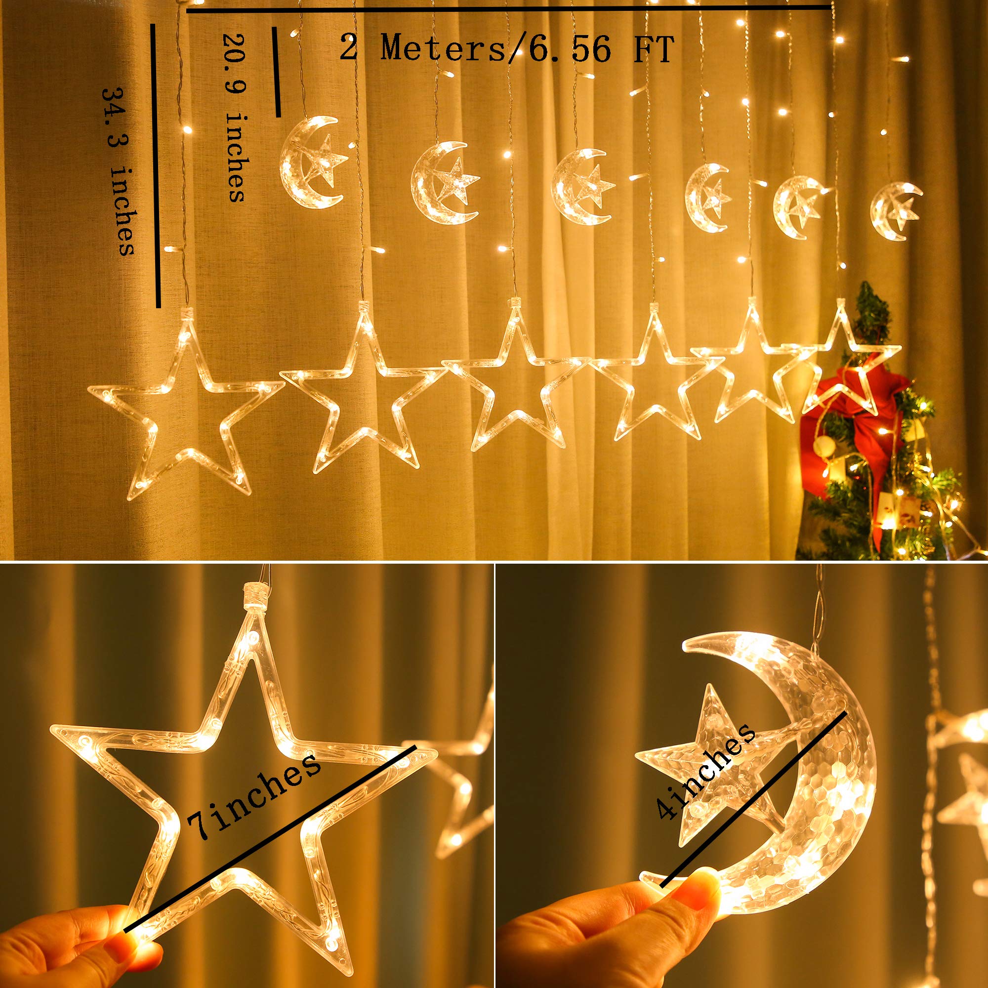 138 LED Curtain String Lights - Star Moon Icicle Fairy Lights with 8 Lighting Modes, Timer & USB Power, Dimmable for Window Wall Decor - Perfect for Bedroom, Wedding, Party & Outdoor Decoration (Warm White Crescent Moon)