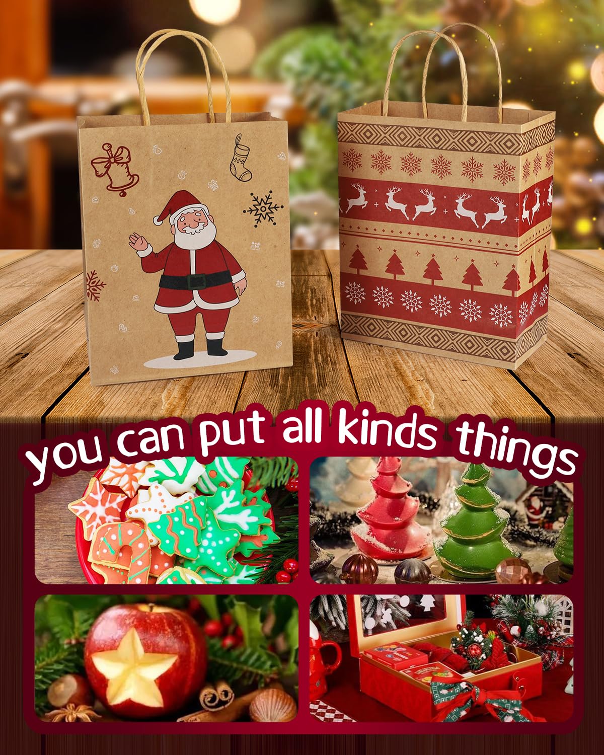 Mjokoj 24-Pack Christmas Kraft Paper Gift Bags with Handles - 8.85x7.08x3.5 Inch Holiday Party Favor Bags - 6 Festive Designs for Xmas Gifts, Party Favors & Home Decor