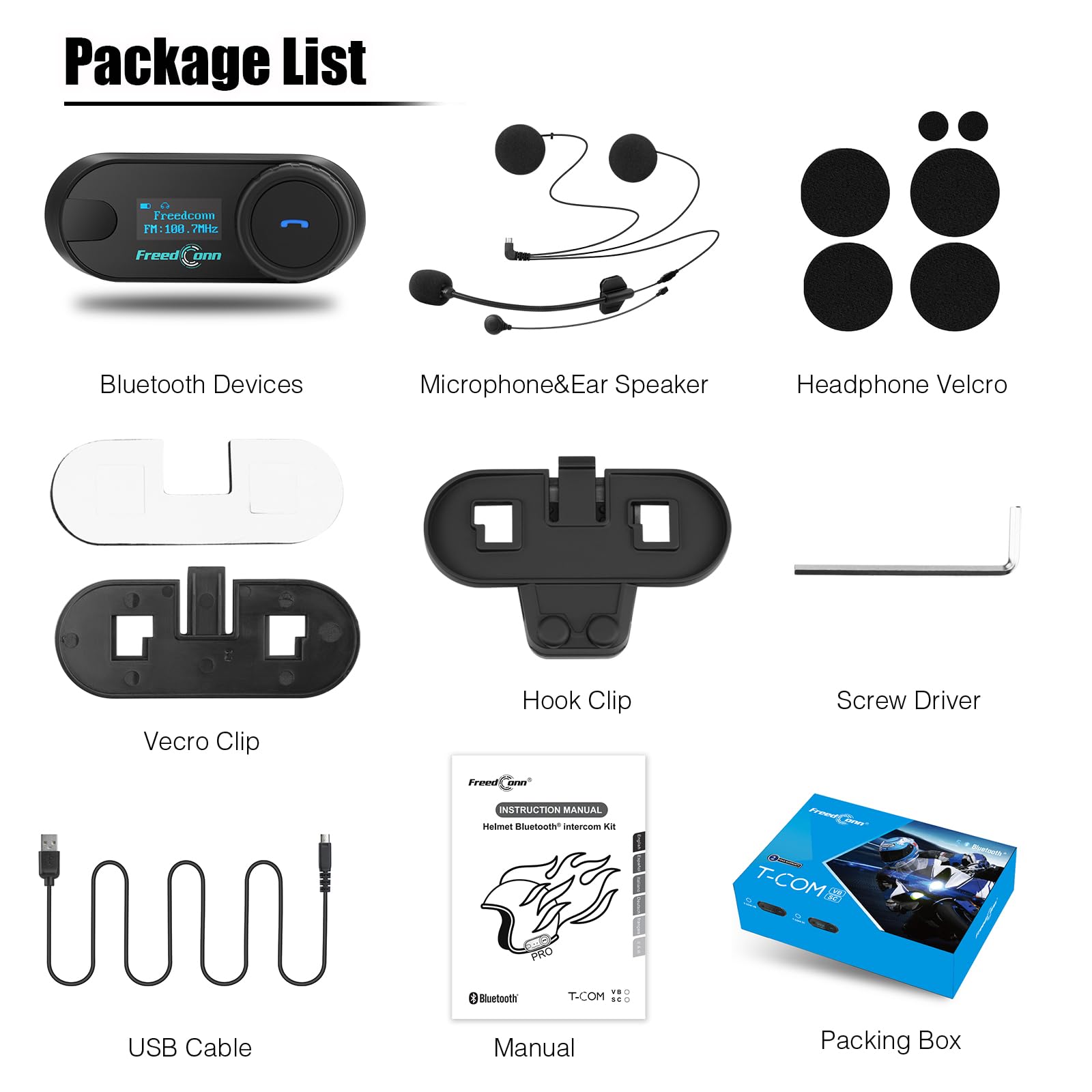 FreedConn Motorcycle Bluetooth Headset - TCOM SC Helmet Intercom with LCD Display, 3-Way Rider Communication System, 800M Range, Universal Fit for All Helmets | Music Sharing, FM Radio, Hard & Soft Mic | Perfect for Group Riding, Touring & Daily Commutes