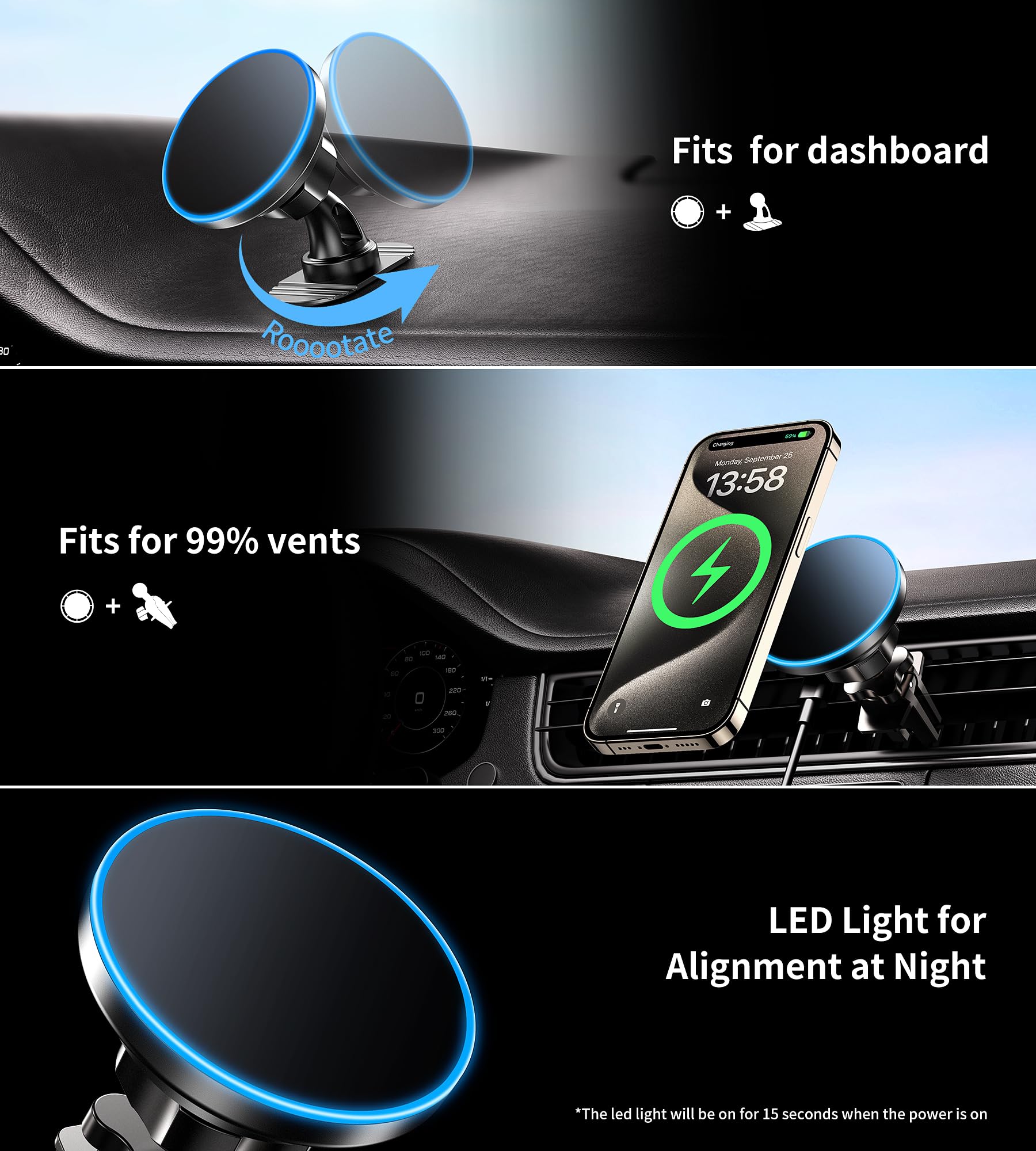 BHHB 15W 2-in-1 Magnetic Wireless Car Charger & Phone Holder - Magsafe Compatible for iPhone 16/15/14/13/12 Series - Dashboard/Vent Mount with Fast Charging Adapter - Perfect for Commuting, Road Trips & Hands-Free Driving