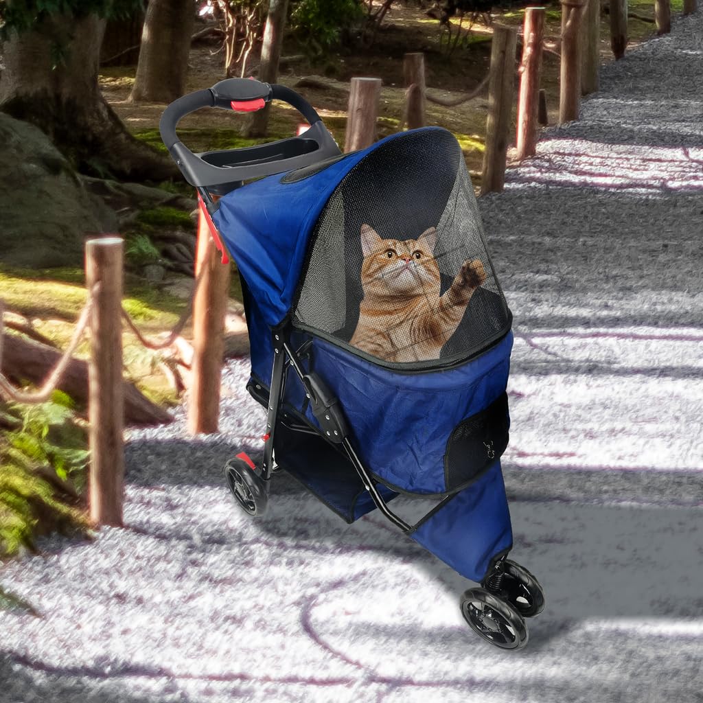 AmorosO Pet Stroller for Small Dogs & Cats - Lightweight Foldable Pet Carrier with Storage Basket | Perfect for Walking, Travel, Vet Visits & Outdoor Adventures | Blue Pet Stroller for Indoor & Outdoor Use