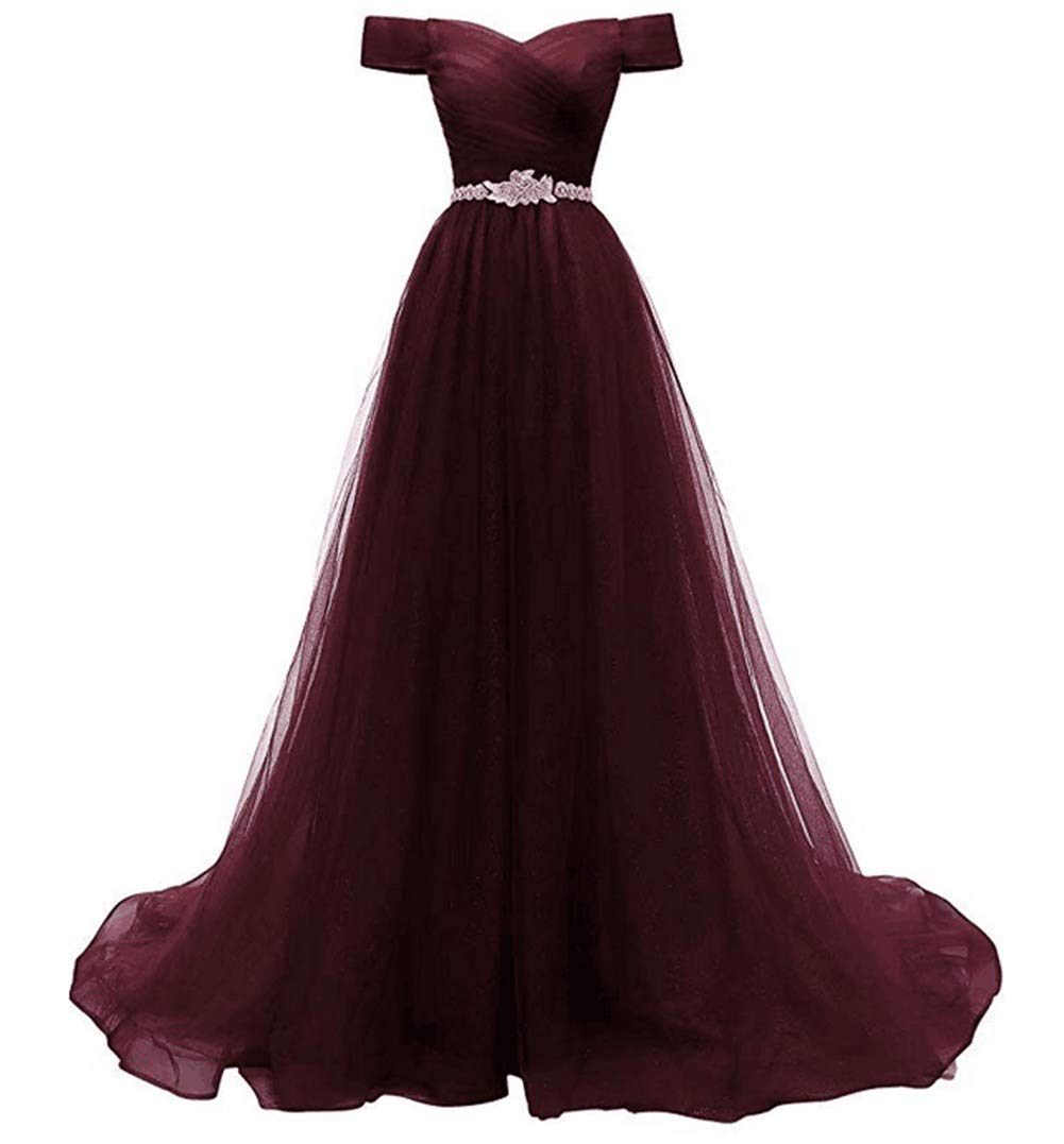 Emanni Women's Off Shoulder Long Prom Dress A Line Tulle Evening Gown - Burgundy Red Formal Party Dress for Homecoming, Wedding, Quinceañera & Special Occasions
