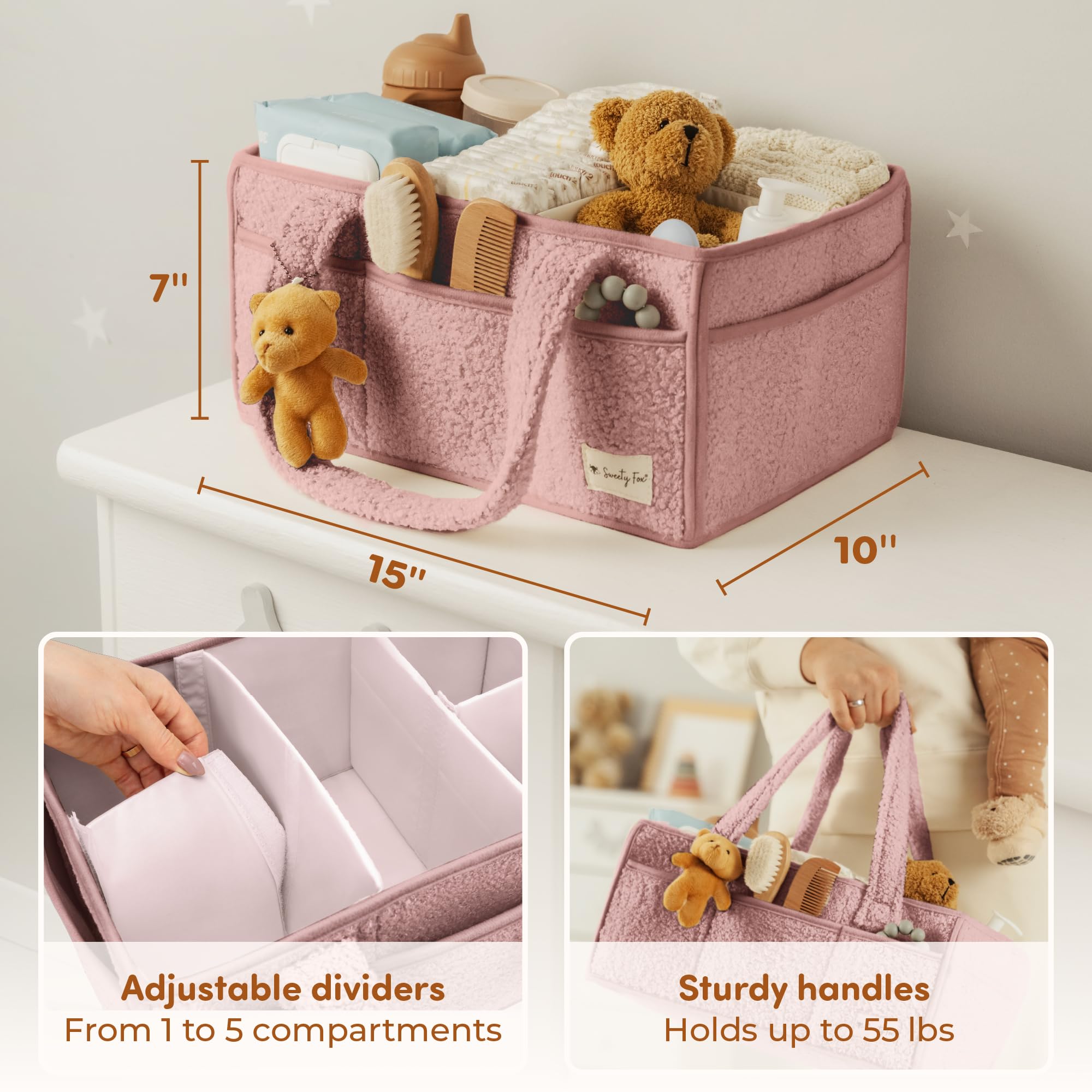 Sweety Fox Baby Diaper Caddy Organizer with Handle - Portable Sherpa Nursery Basket for Baby Essentials - Car Diaper Organizer & Cleaning Caddy - Perfect Baby Shower Gift (Pink) - Ideal for Nursery, Travel & On-the-Go Parents