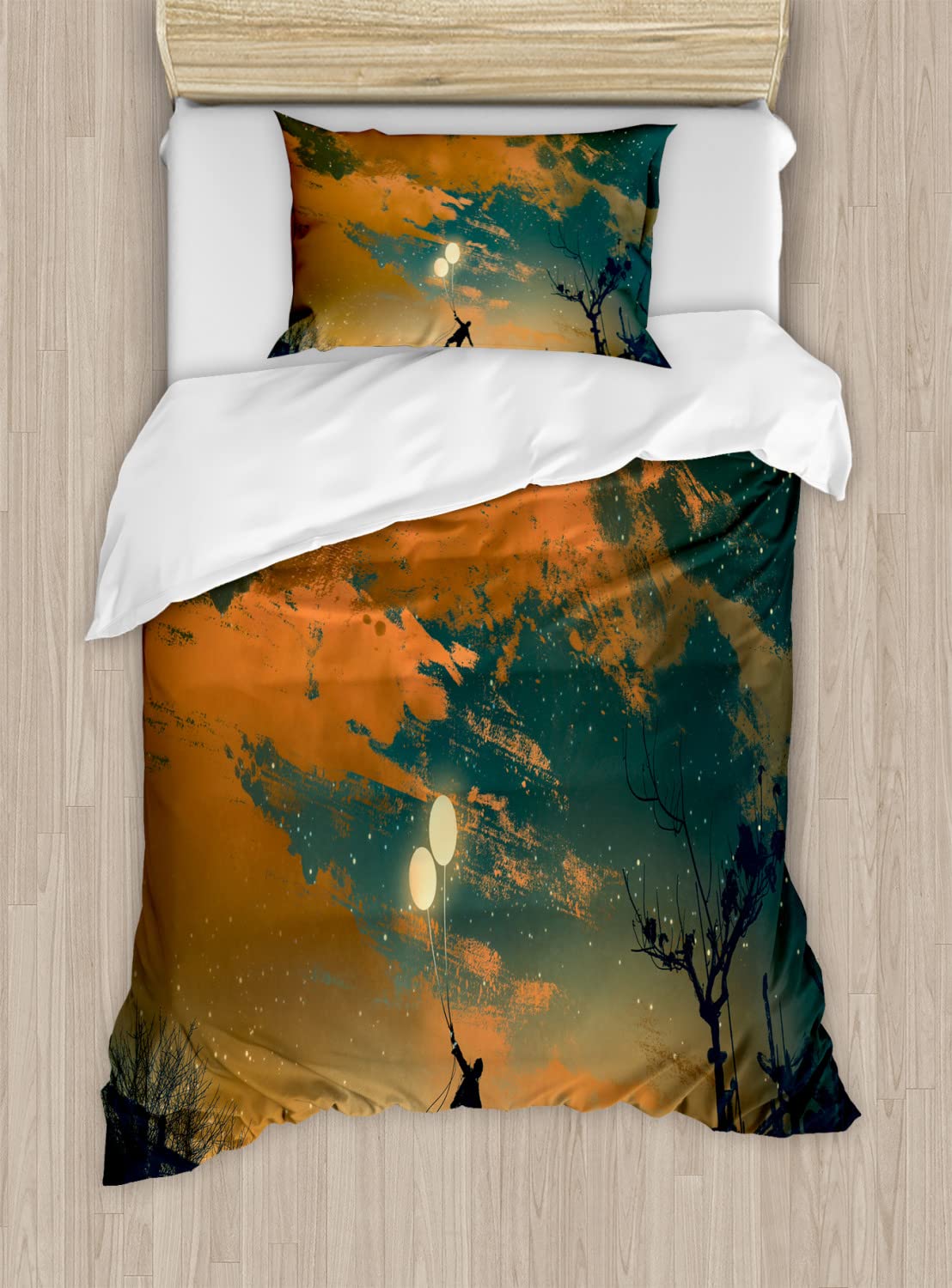 Ambesonne Fantasy Duvet Cover Set - Flying Man with Balloons in Starry Night Sky, Freedom Fun Theme Bedding (2 Twin Size Duvet Covers & 2 Pillowcases) - Orange Ash Grey | Perfect for Kids' Rooms, Dorm Decor & Whimsical Bedroom Themes
