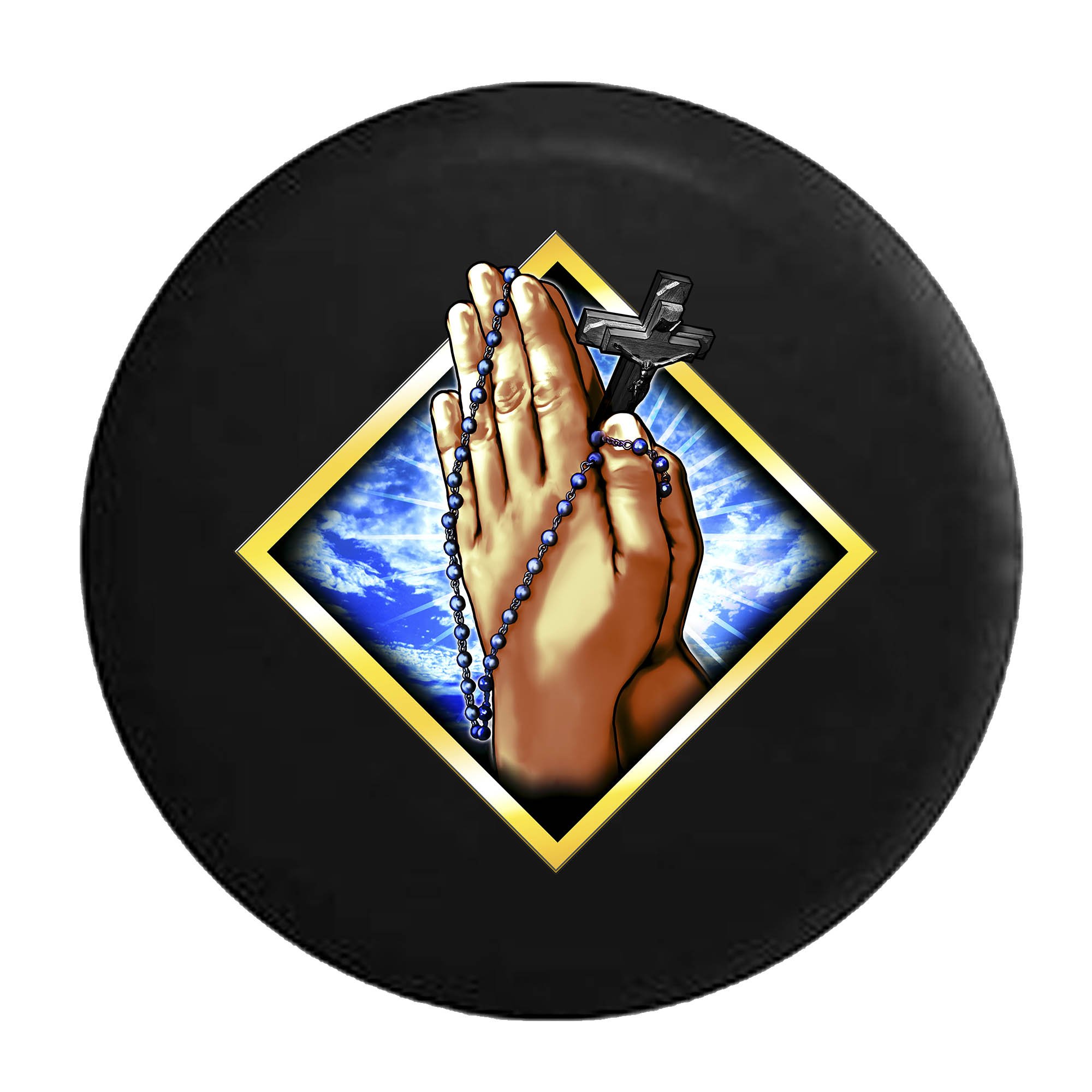 American Unlimited Praying Hands Holding Rosary Beads and Cross Jesus Christ Spare Tire Cover - Black 35 Inch for SUV, Truck & RV - Religious Car Accessory for Christian Faith