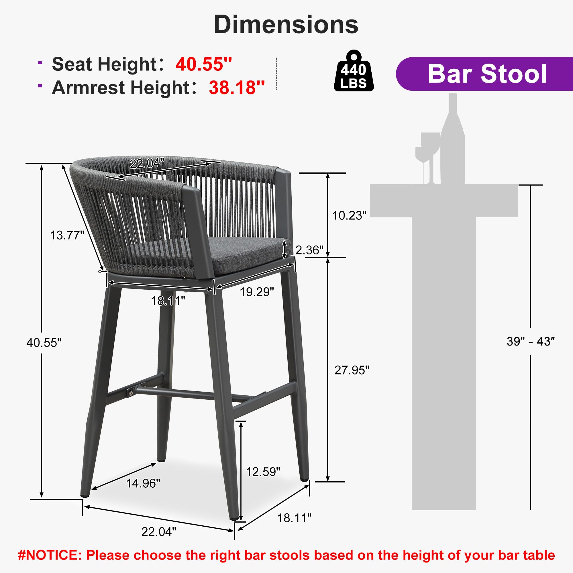 PURPLE LEAF 2-Piece Outdoor Bar Stool Set - Wicker Bar Height Chairs with Aluminum Frame for Patio, Kitchen, Balcony or Lawn - Weather-Resistant Grey Stools for Indoor/Outdoor Entertaining