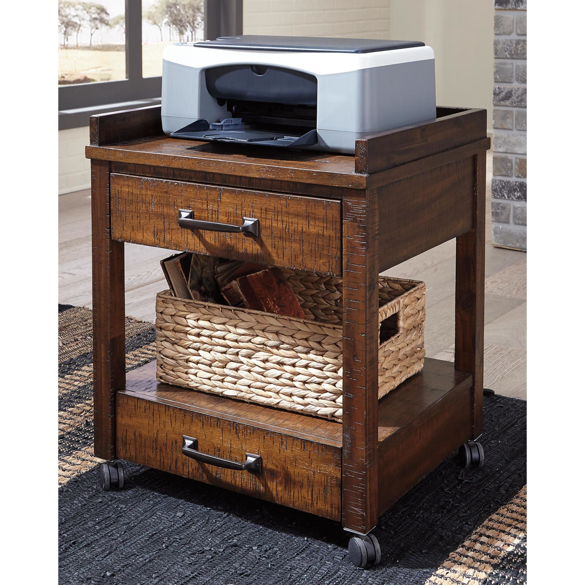 Baldridge Printer Stand - Rustic Brown Wooden Desk Organizer for Home & Office | Compact Printer Riser with Storage Shelf for Laser & Inkjet Printers