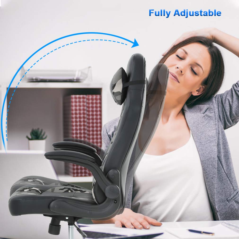 Ergonomic Gaming Chair - PU Leather Racing Style PC & Office Desk Chair with Lumbar Support, Flip-Up Arms & Headrest - Swivel Rolling Computer Chair for Adults (Camo Design) - Perfect for Gaming, Working & Home Office