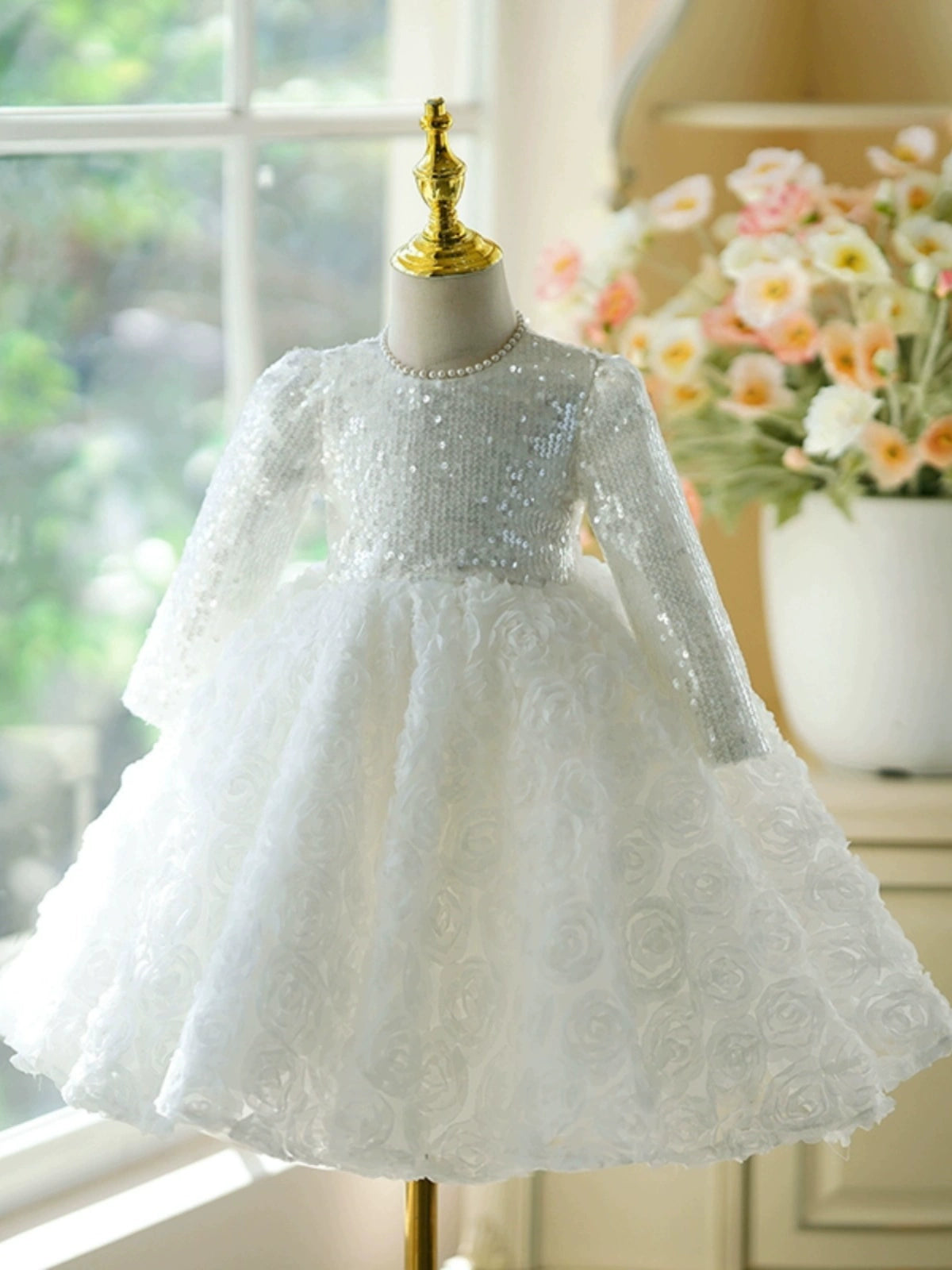 White Princess Jewel Neck Tea Length Polyester Flower Girl Dress for Weddings, Baptisms & Special Occasions
