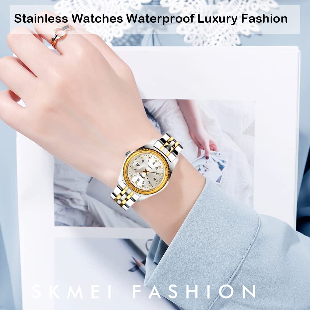 SKMEI Women's Luxury Stainless Steel Dress Watch - Elegant Analog Quartz Waterproof Wristwatch for Business & Formal Occasions - Perfect Gift for Wife, Girlfriend, or Special Occasions (Gold/Silver) - Ideal for Office, Parties, and Everyday Wear