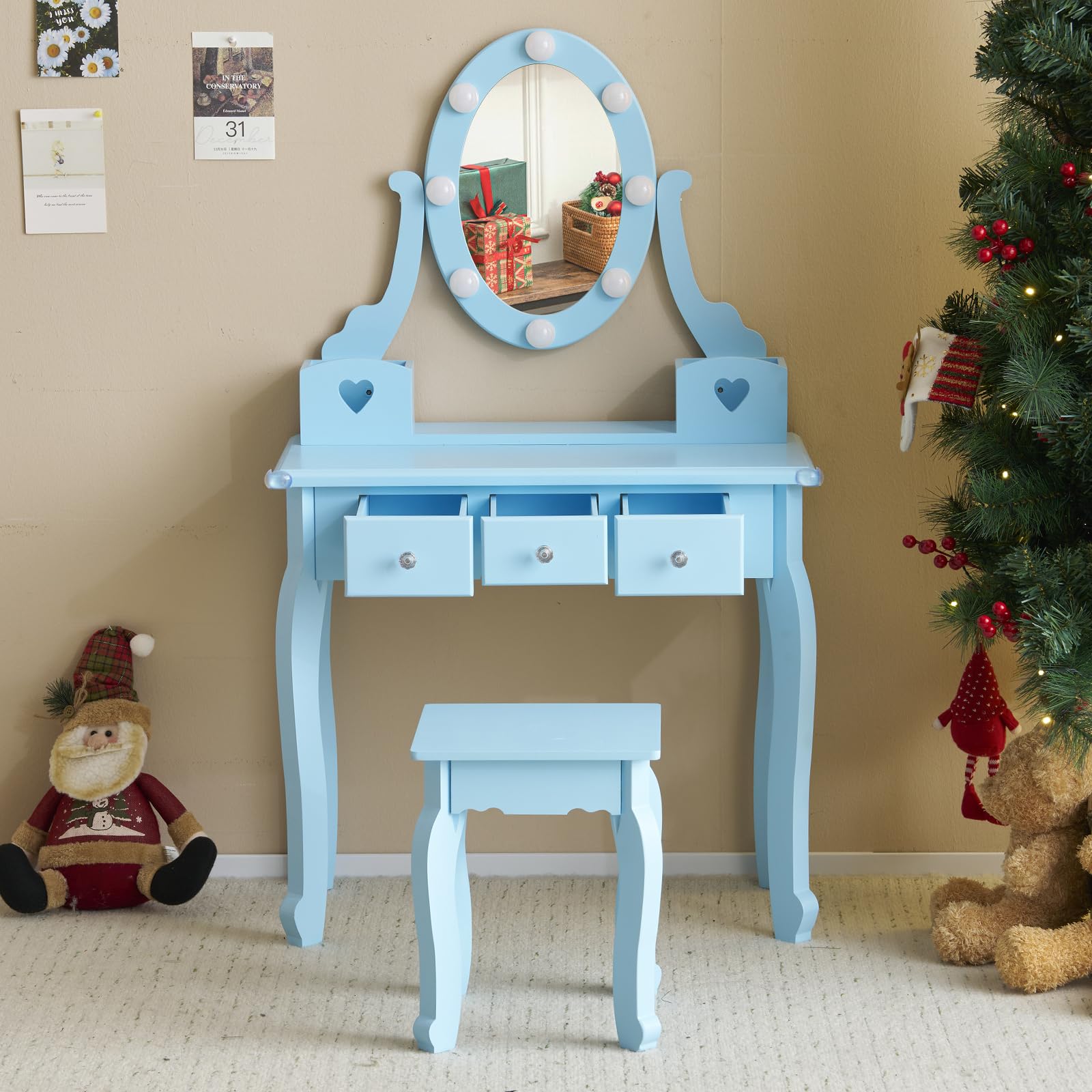 Blue Kids Vanity Set with Mirror & Light - Wooden Makeup Table & Stool for Girls - Perfect for Pretend Play & Bedroom Decor